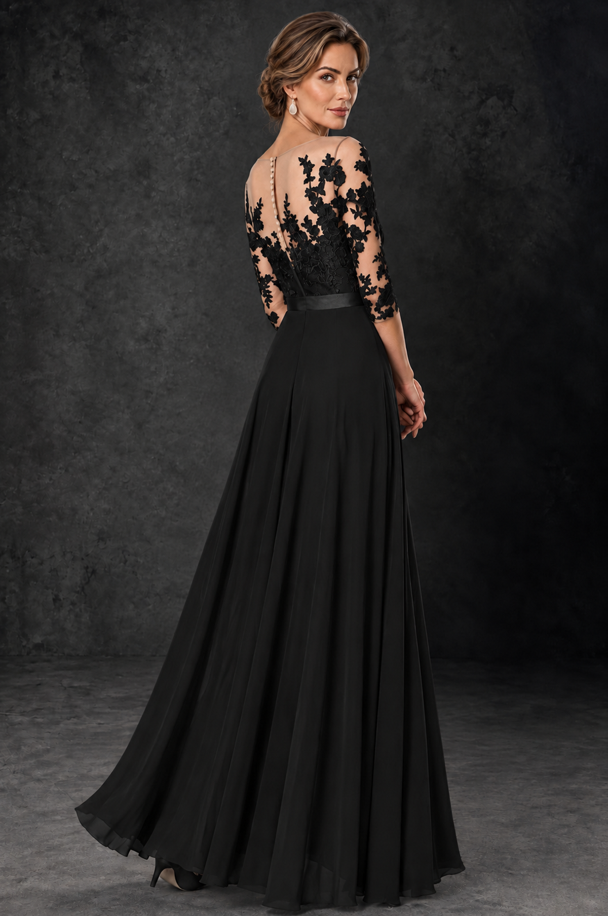 BOLODOO Black Lace Wide-Leg Jumpsuit with Three-Quarter Sleeves - Black - Black_4
