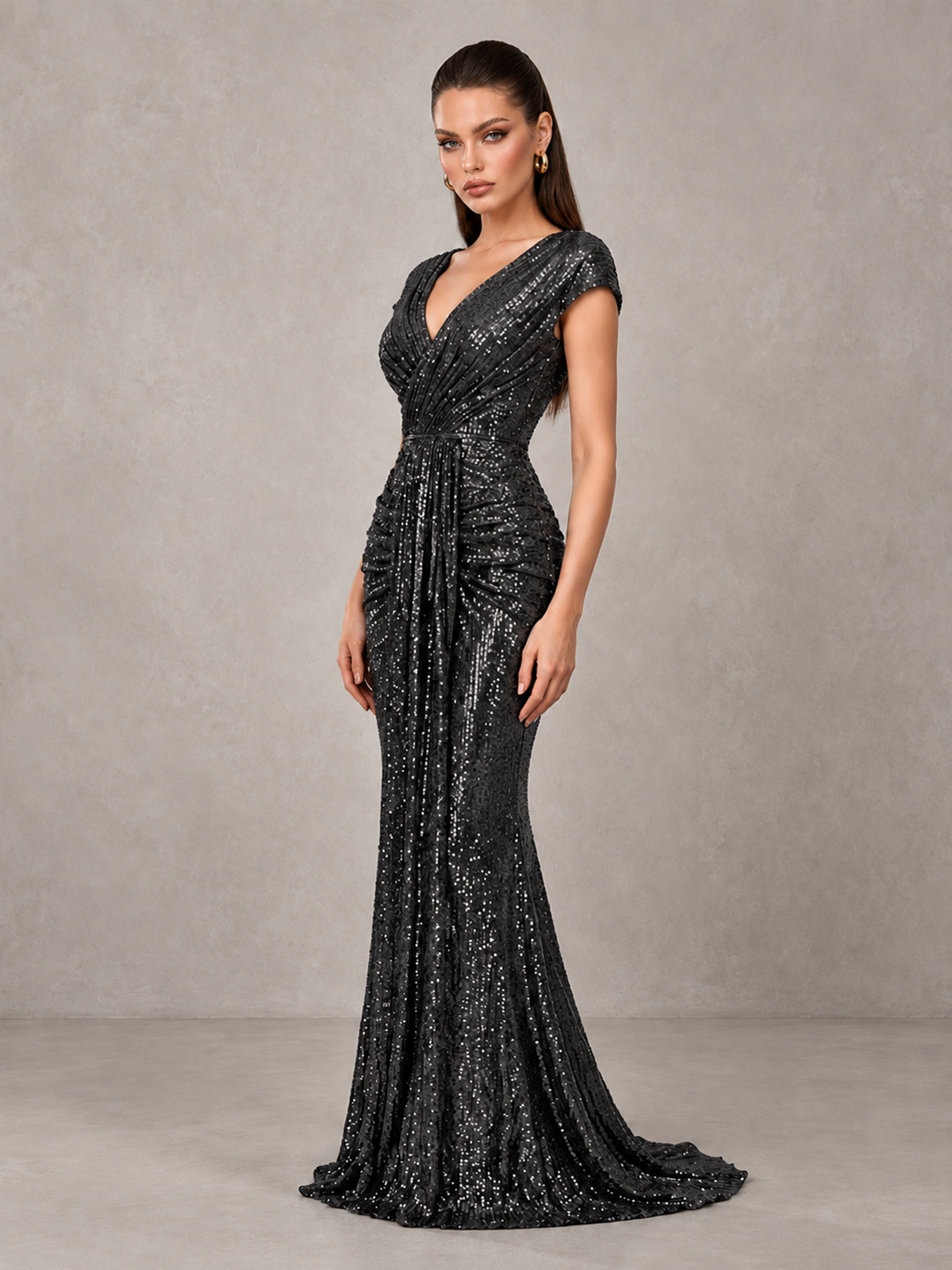 BOLODOO Black Glitter V-Neck Cap Sleeve Ruched Mermaid Evening Gown - Black - Black_4