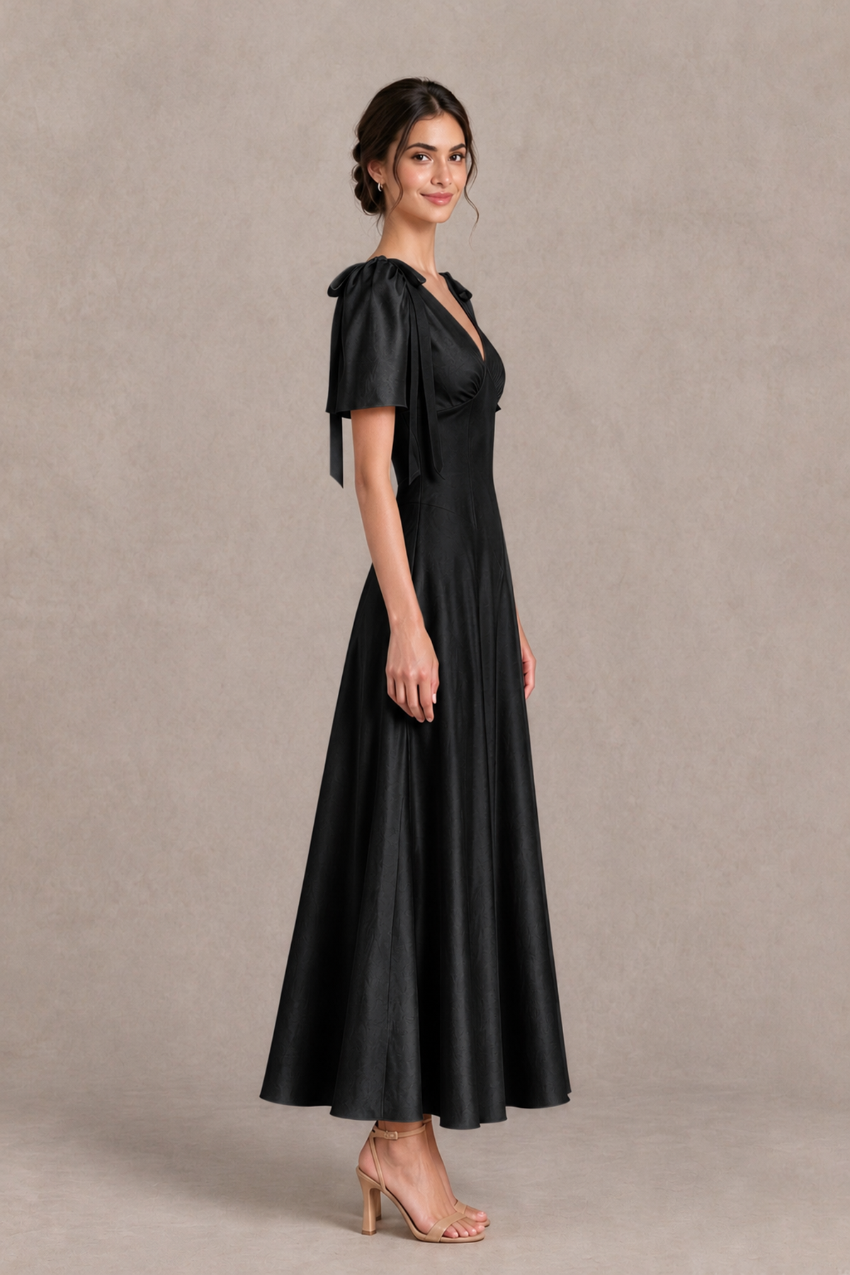 BOLODOO Black V-Neck Short Sleeve Satin-Look Bridesmaid Dress with Shoulder Bows - Black - Black_4