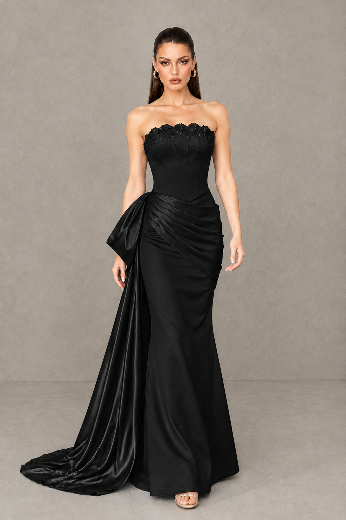 BOLODOO Black Strapless Satin Prom Dress with Draped Side Train - Black - Black_4
