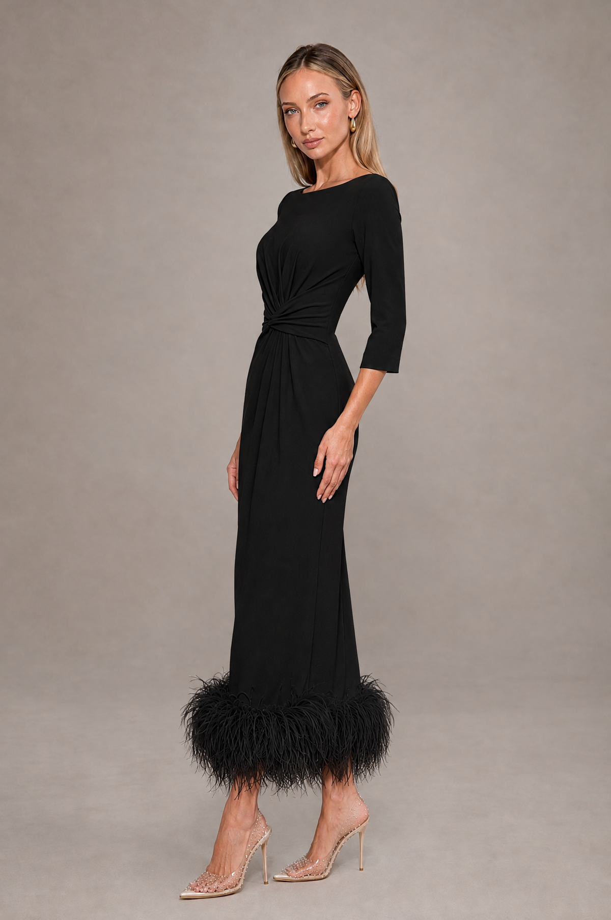 BOLODOO Black Feather-Trim Twist-Waist Midi Dress - Black - Black_4