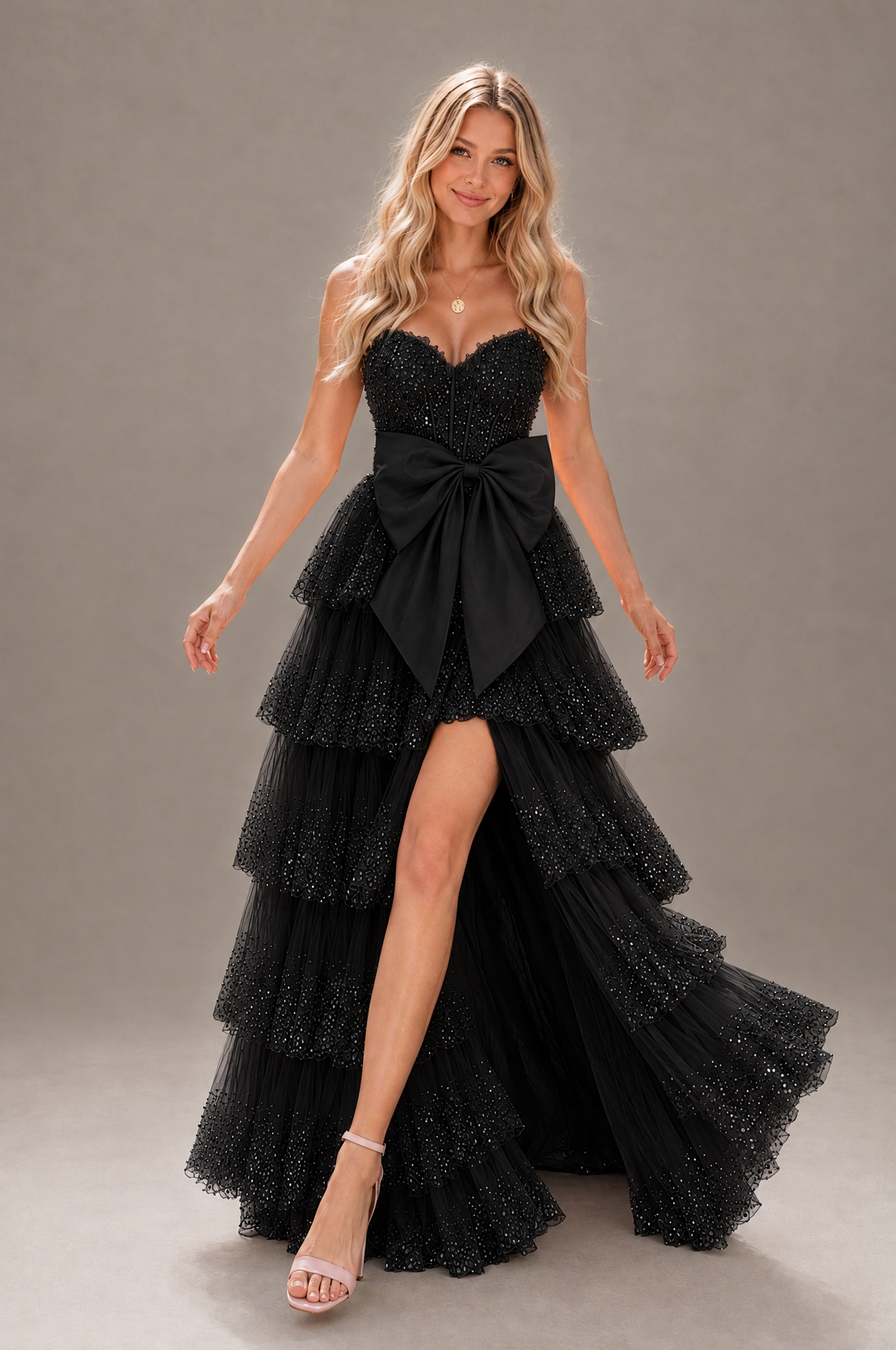 BOLODOO Black Strapless Tiered Tulle Prom Dress with Bow - Black - Black_4