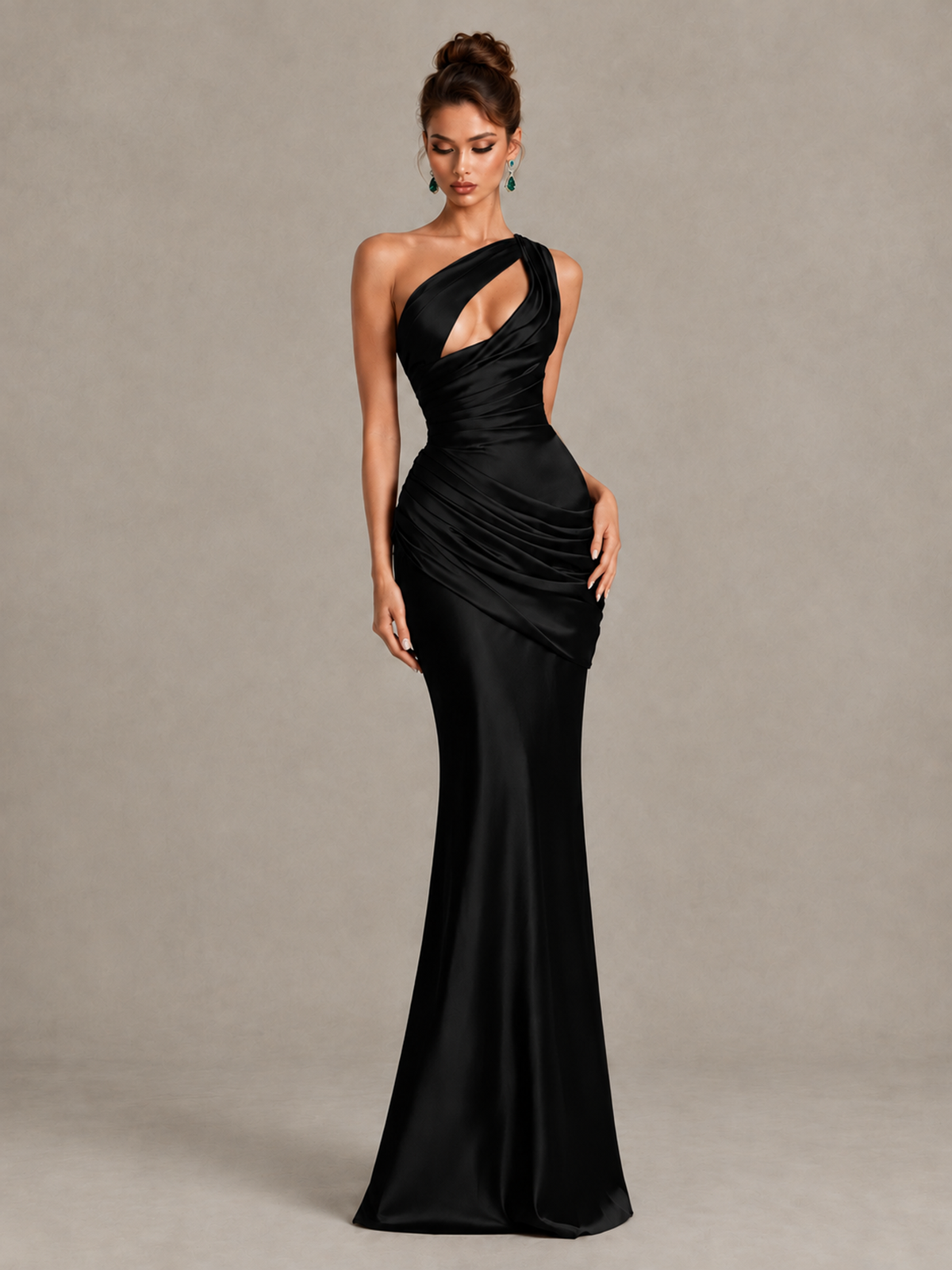 BOLODOO Black One-Shoulder Cutout Satin Mermaid Prom Dress - Black - Black_4