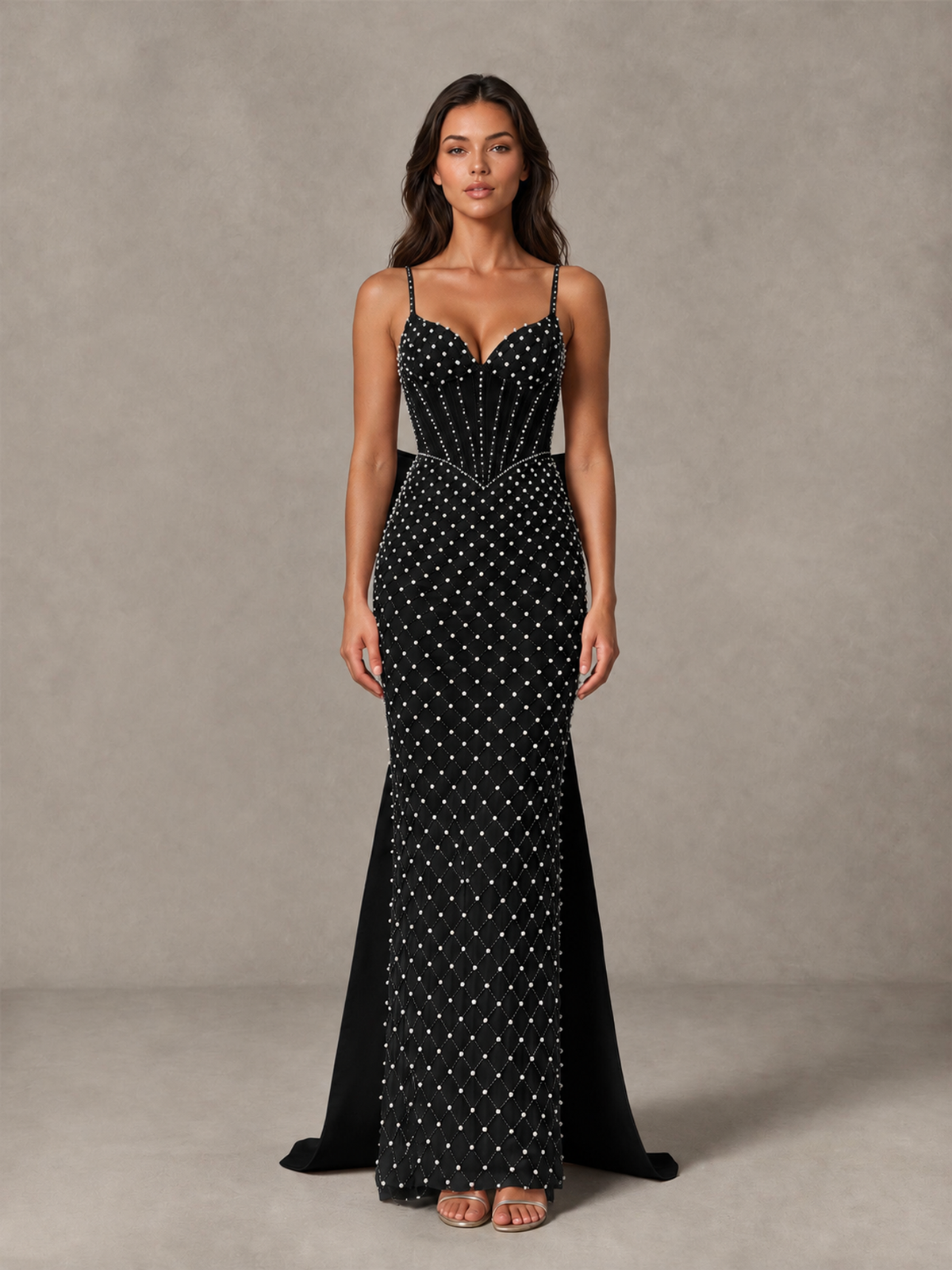 BOLODOO Black Beaded Corset Prom Dress with Bow Train - Black - Black_4