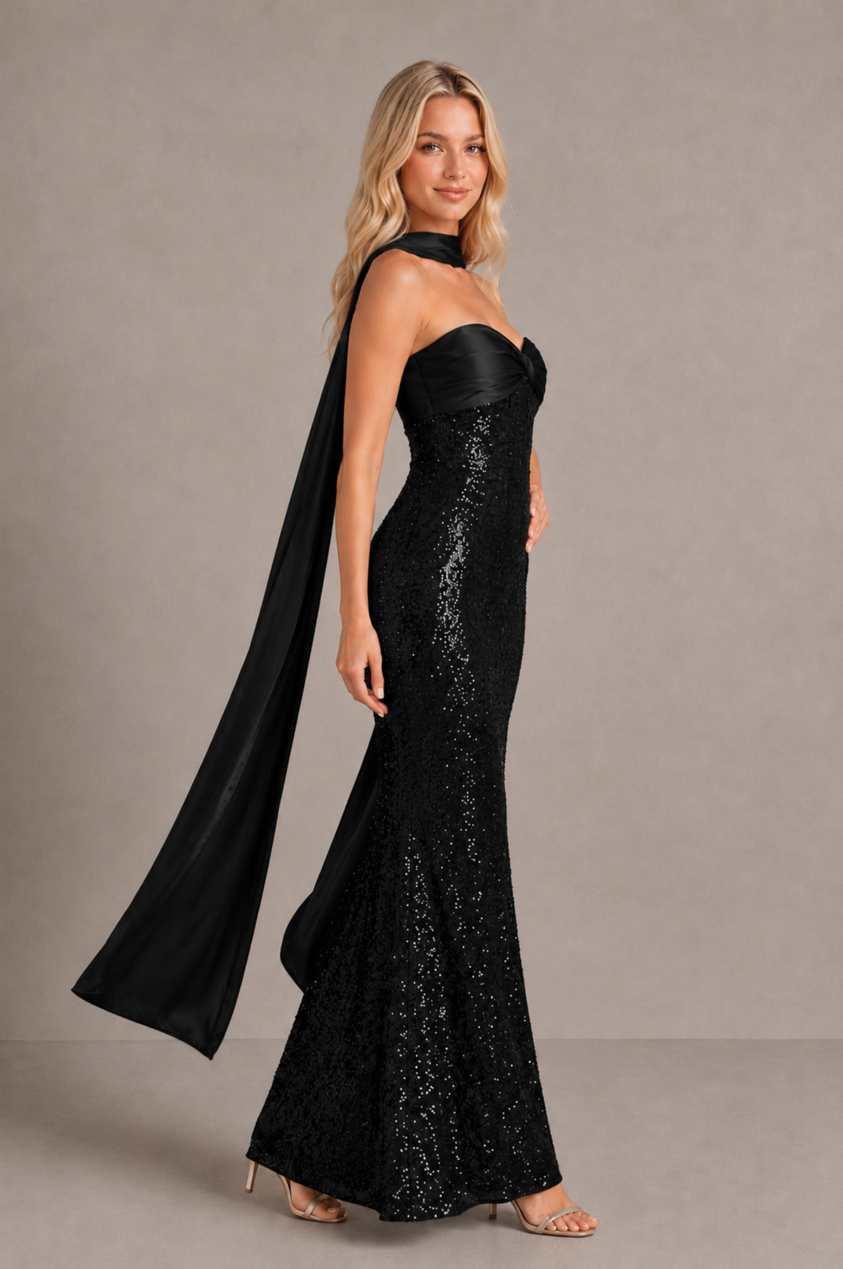 BOLODOO Black Strapless Sweetheart Evening Dress with Scarf - Black - Black_4