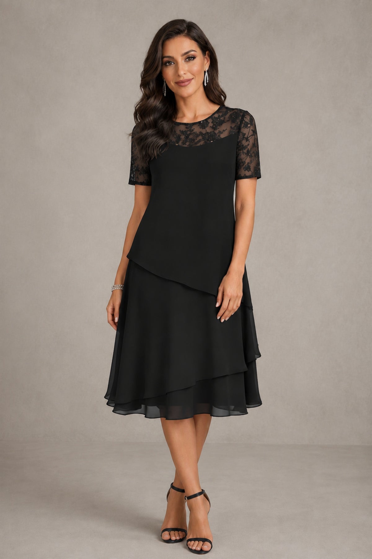 BOLODOO Black Illusion Lace Short Sleeve Tiered Chiffon Tea Length Dress | Mother of the Bride Midi Dress - Black