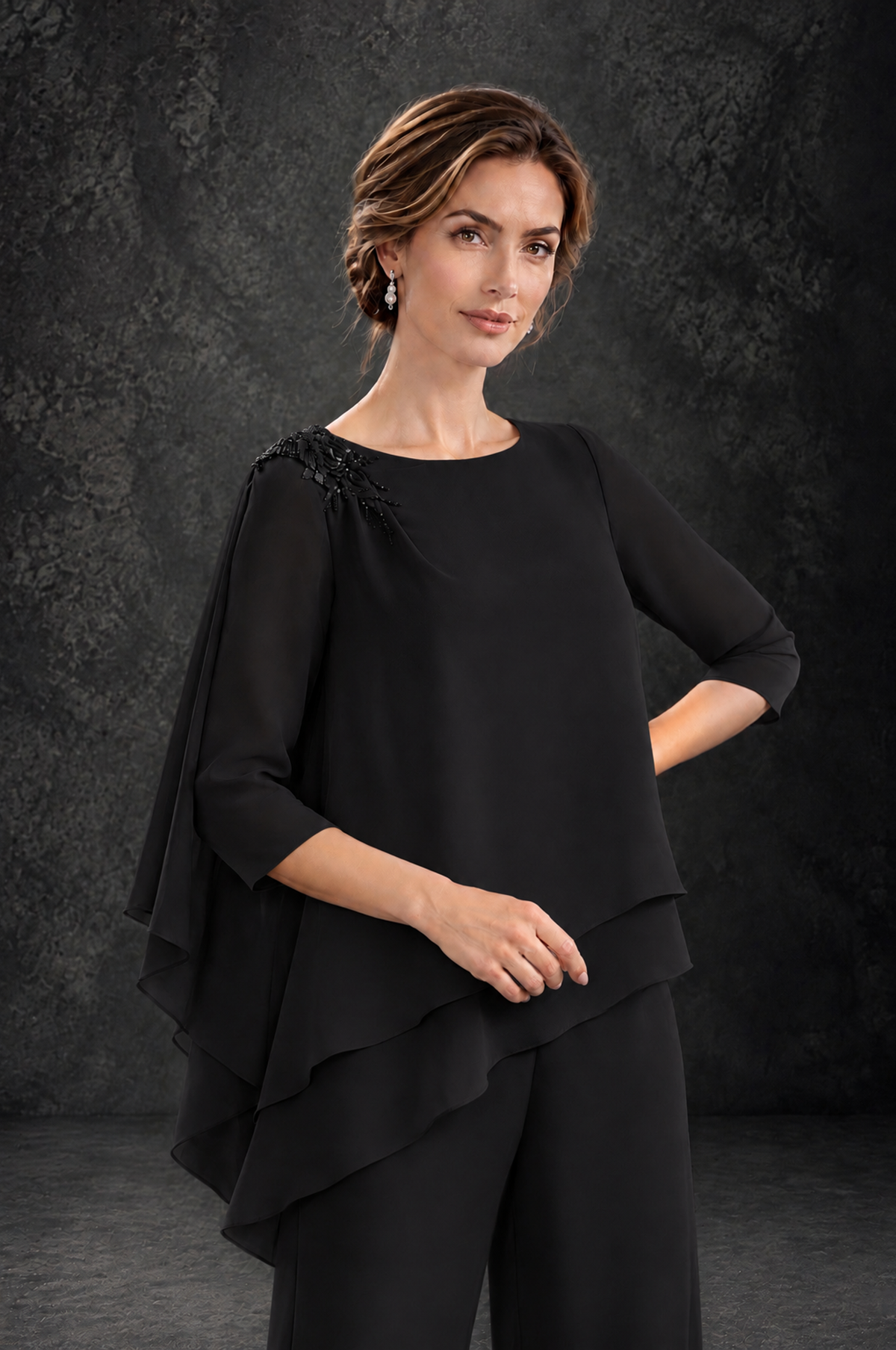 BOLODOO Black Layered Wide-Leg Mother of the Bride Pant Suit - Black - Black_4
