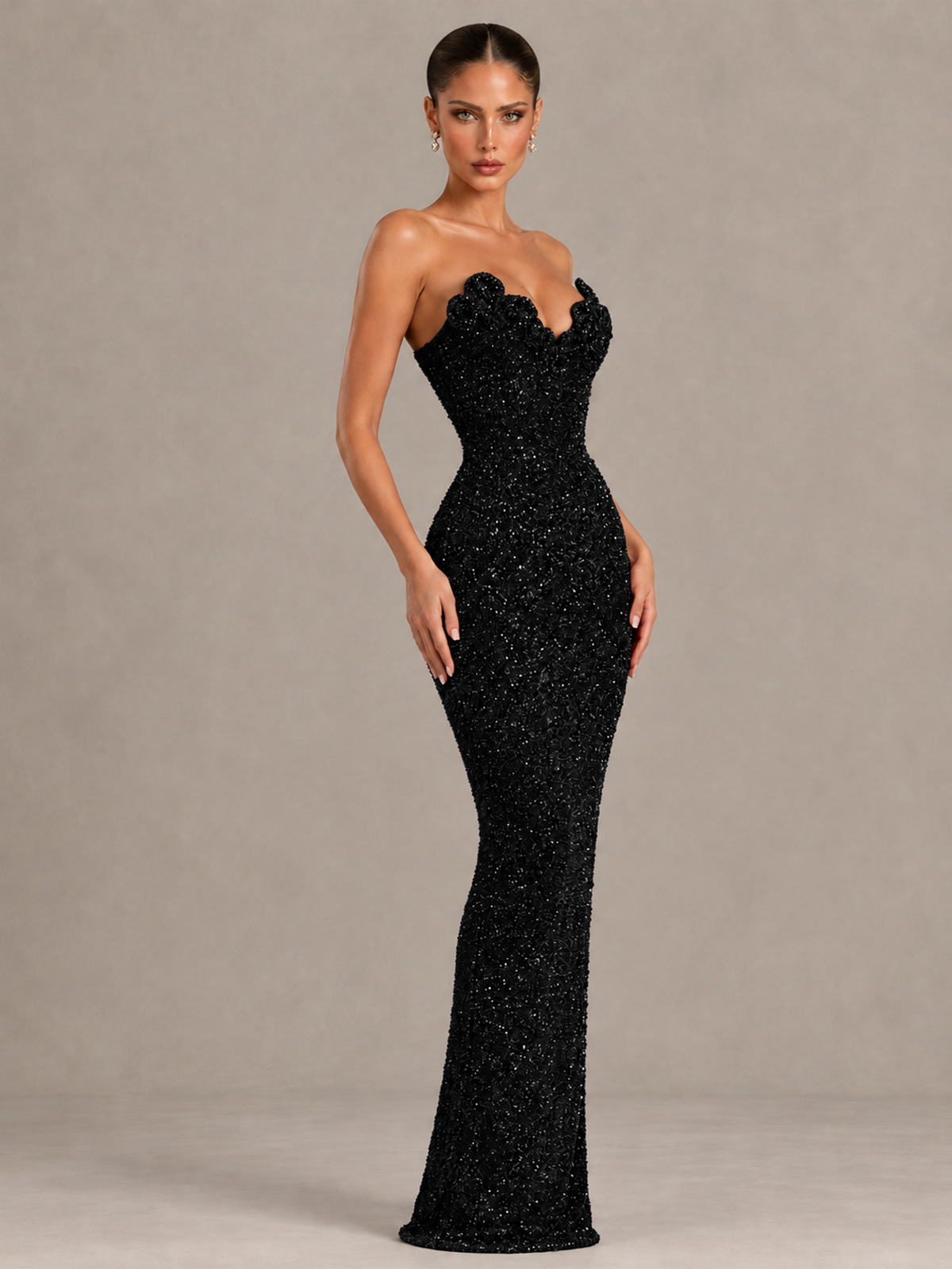 BOLODOO Black Strapless Sequin Evening Gown with Floral Neckline - Black - Black_4