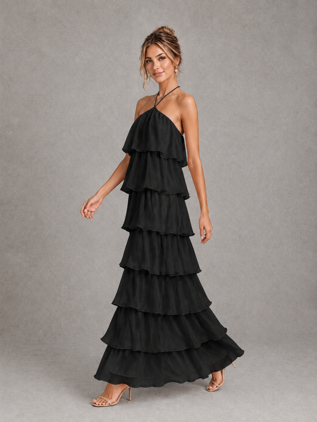 BOLODOO Black Halter Tiered Ruffle Maxi Bridesmaid Dress - Black - Black_4
