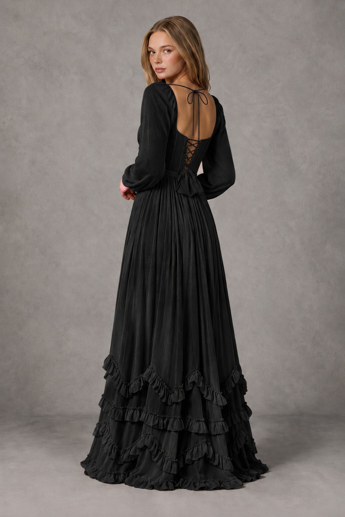 Black Long-Sleeve Ruffle Maxi Dress with Lace-Up Back and Slit - Black