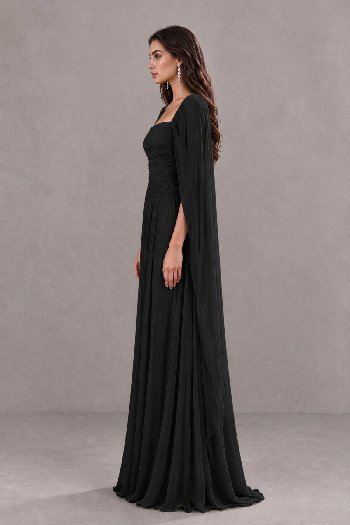 BOLODOO Black Square Neck Cape Sleeve A-Line Evening Dress - Black - Black_4