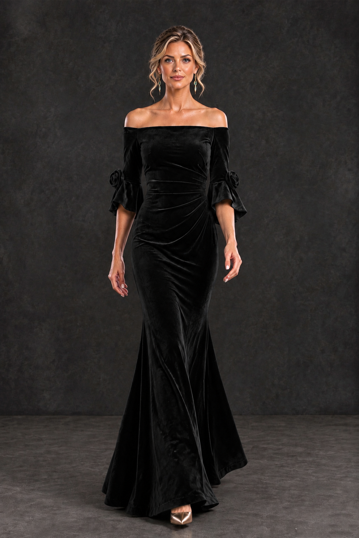 BOLODOO Black Velvet Off-Shoulder Mother of the Bride Dress – 3/4 Floral Cuff Sleeve Mermaid Evening Gown - Black - Black_4