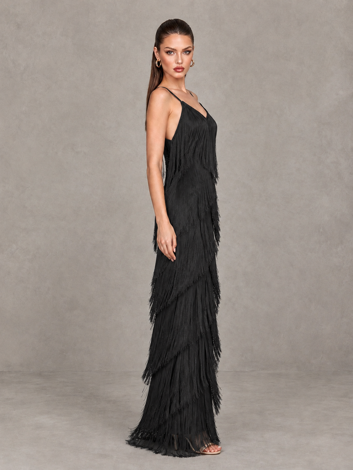 BOLODOO Black V-Neck Spaghetti Strap Fringe Maxi Evening Dress - Black - Black_4