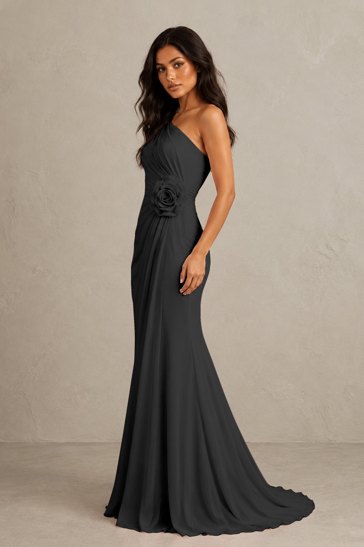 BOLODOO Black One-Shoulder Floral Ruched Maxi Dress - Black