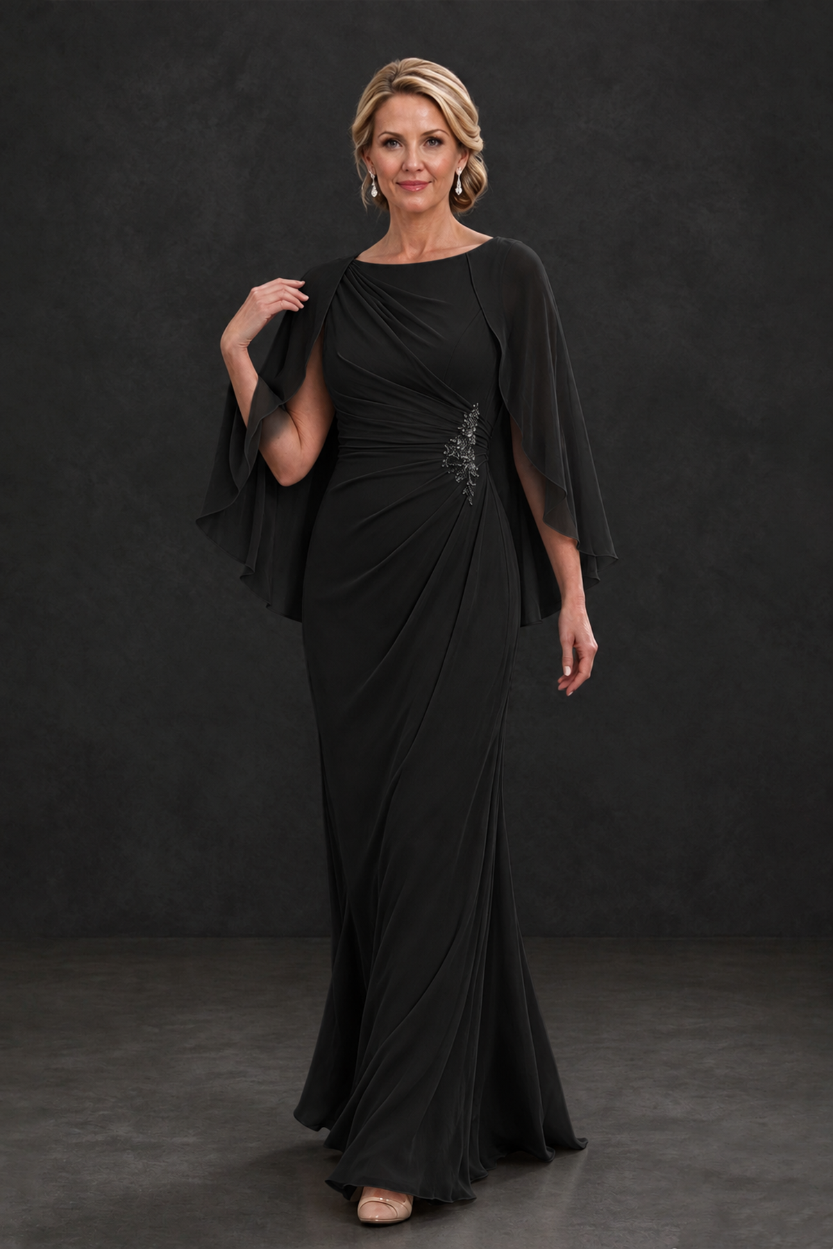 BOLODOO Black Cape Sleeve Mother of the Bride Dress with Ruched Waist - Black - Black_4