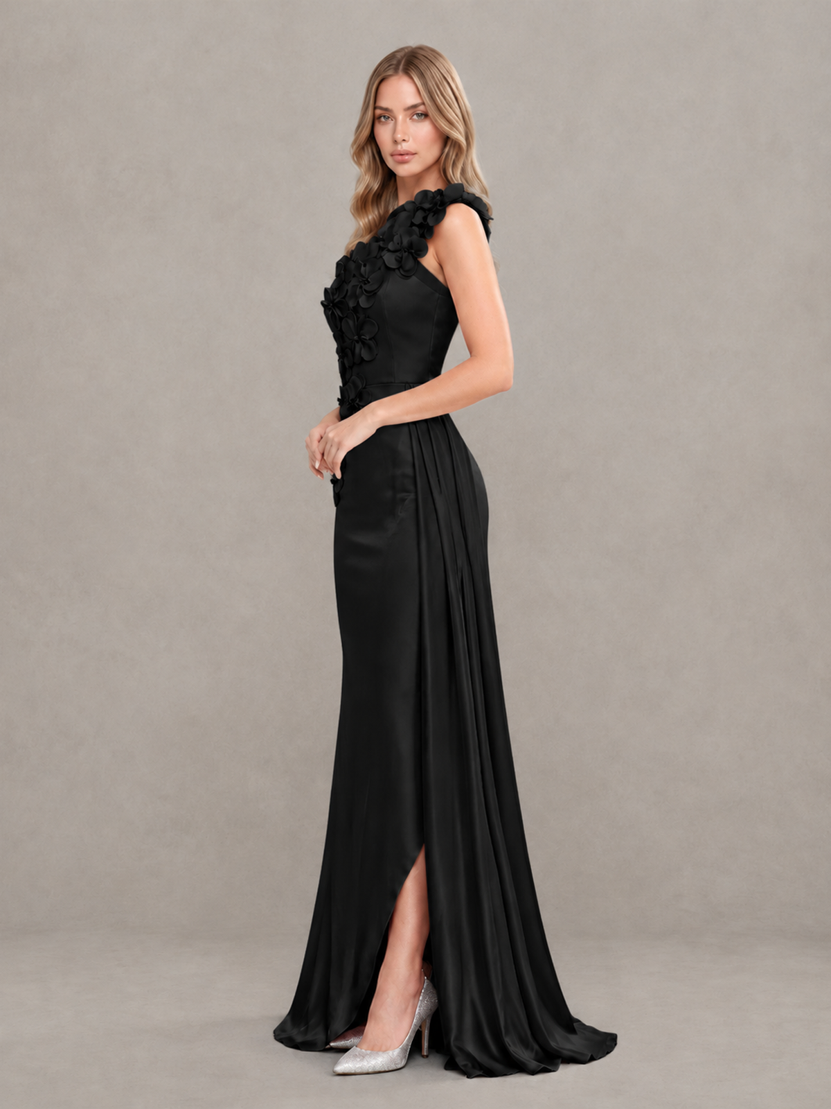 BOLODOO Black One-Shoulder Satin Mermaid Evening Gown with 3D Floral Appliqué - Black - Black_4