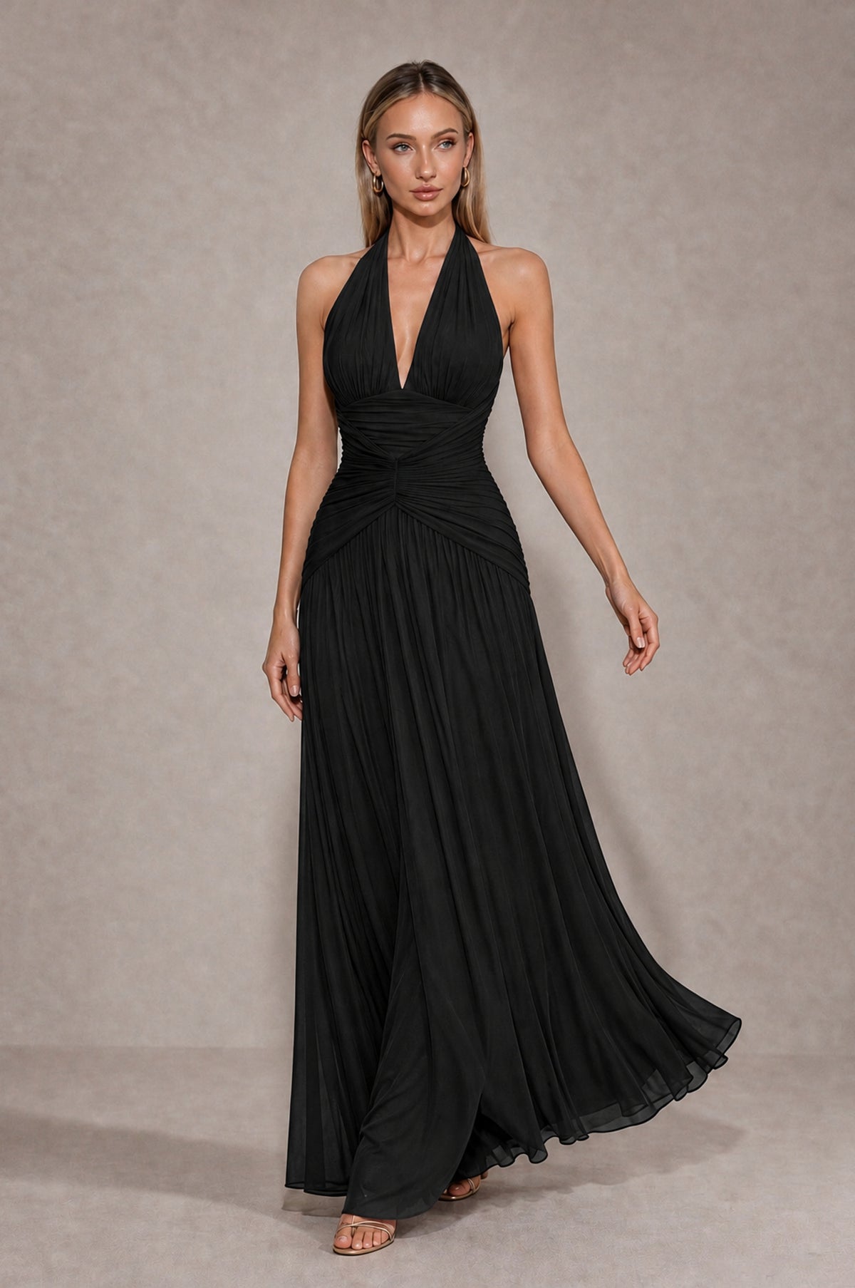 BOLODOO Black Chiffon Halter Deep V-Neck Ruched A-Line Backless Maxi Dress with Train-BD0167 - Black - Black_4