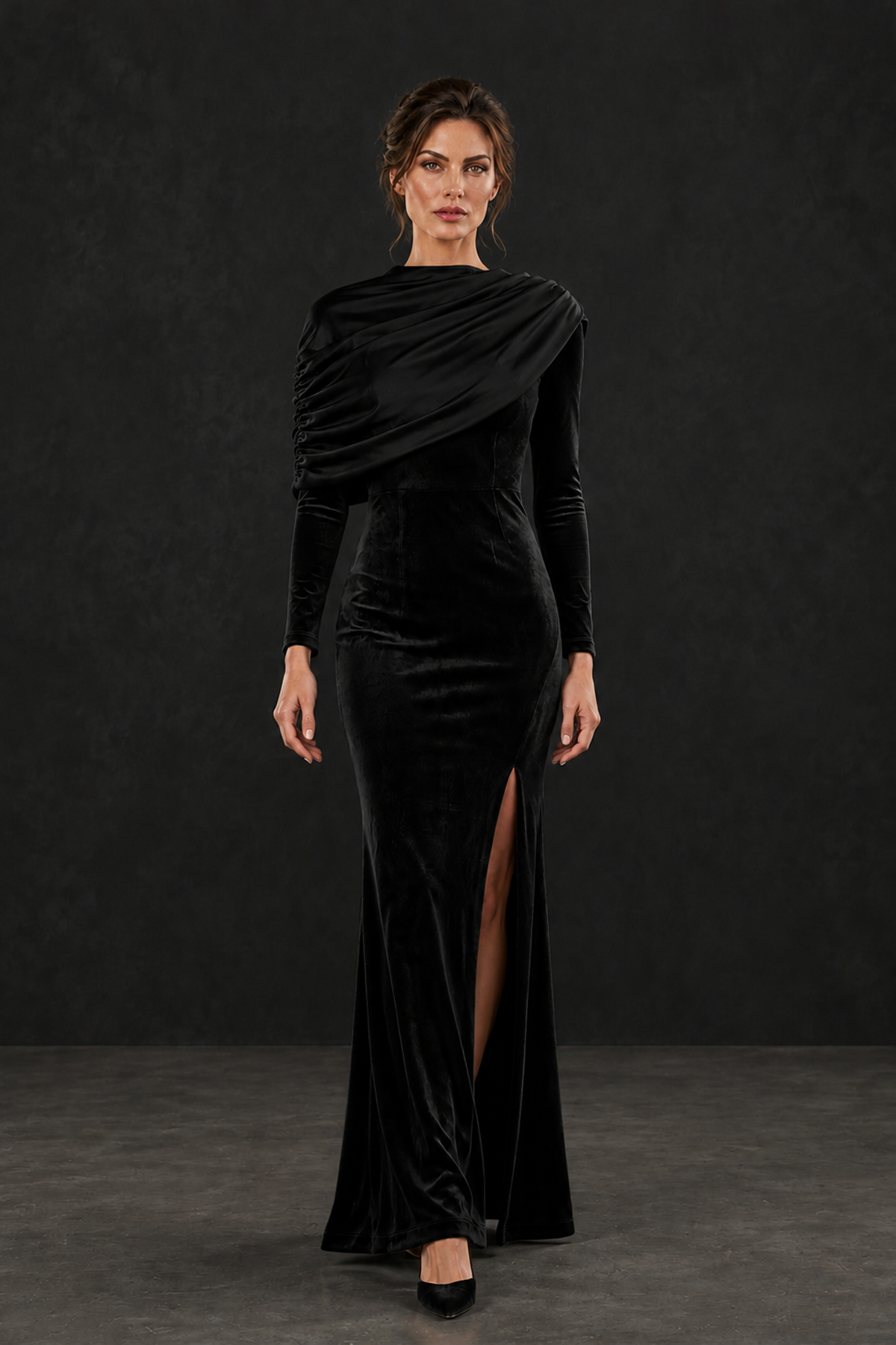 BOLODOO Black Velvet Long Sleeve Draped Mother of the Bride Dress - Black - Black_4