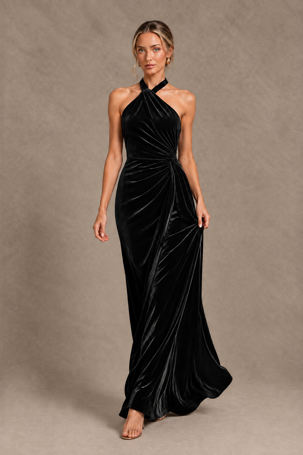 BOLODOO Black Velvet Halter Open-Back Ruched Evening Dress - Black - Black_4