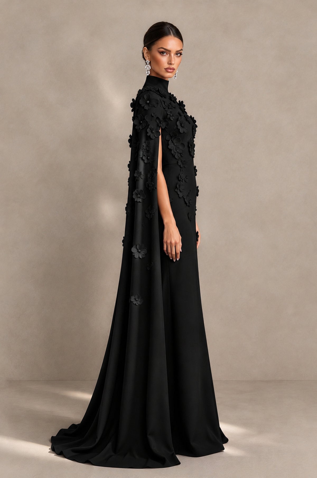 BOLODOO Black 3D Floral Applique Cape Formal Dress - Black - Black_4