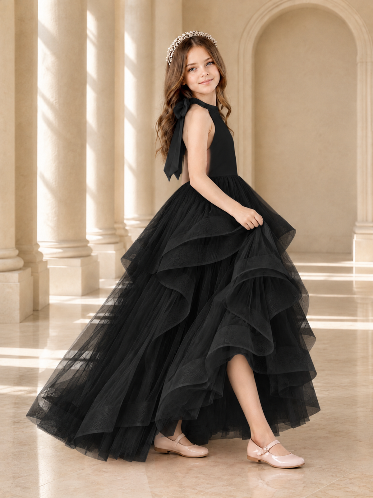 BOLODOO Black Halter Tiered Tulle Flower Girl Dress with Bow Back - Black - Black_4