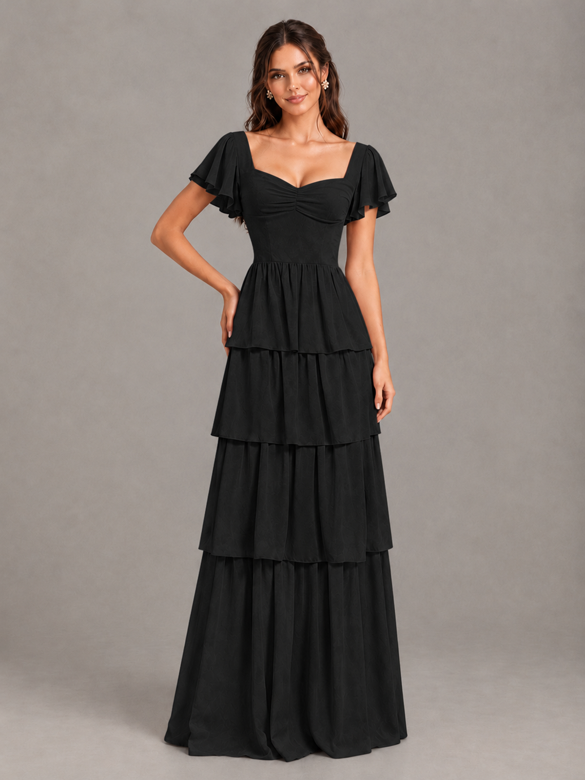BOLODOO Black Flutter Sleeve Tiered Maxi Bridesmaid Dress - Black - Black_4