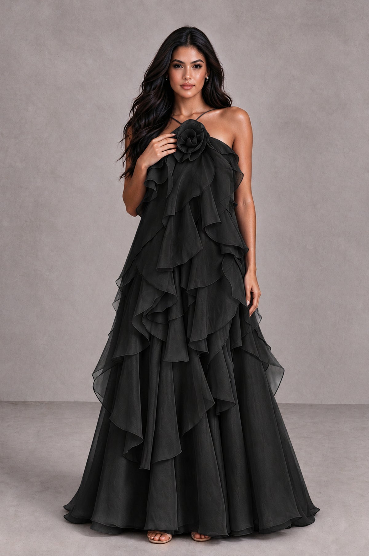 BOLODOO Black Cascading Ruffle Rosette Open-Back Maxi Dress - Black - Black_4
