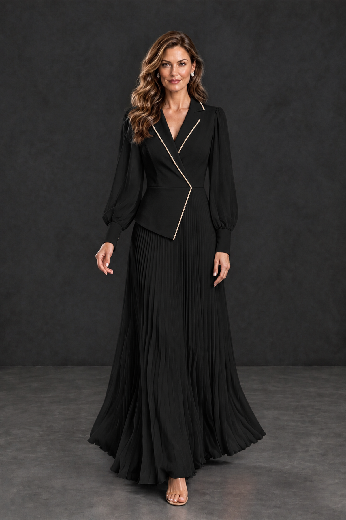 BOLODOO Black Long Sleeve Pleated Mother of the Bride Dress - Black - Black_4