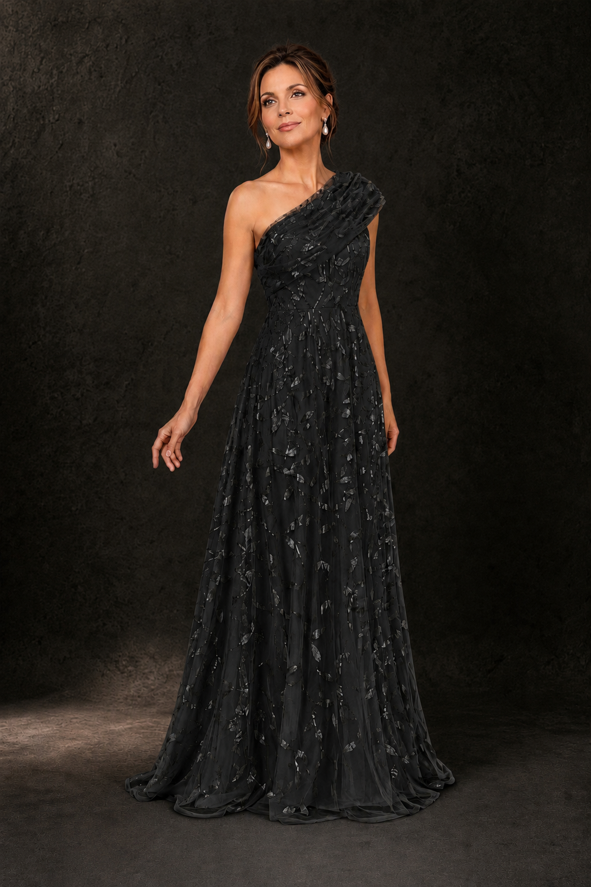 BOLODOO Black Leaf Sequin One-Shoulder A-Line Maxi Gown – Mother of the Bride & Formal Evening Dress - Black - Black_4