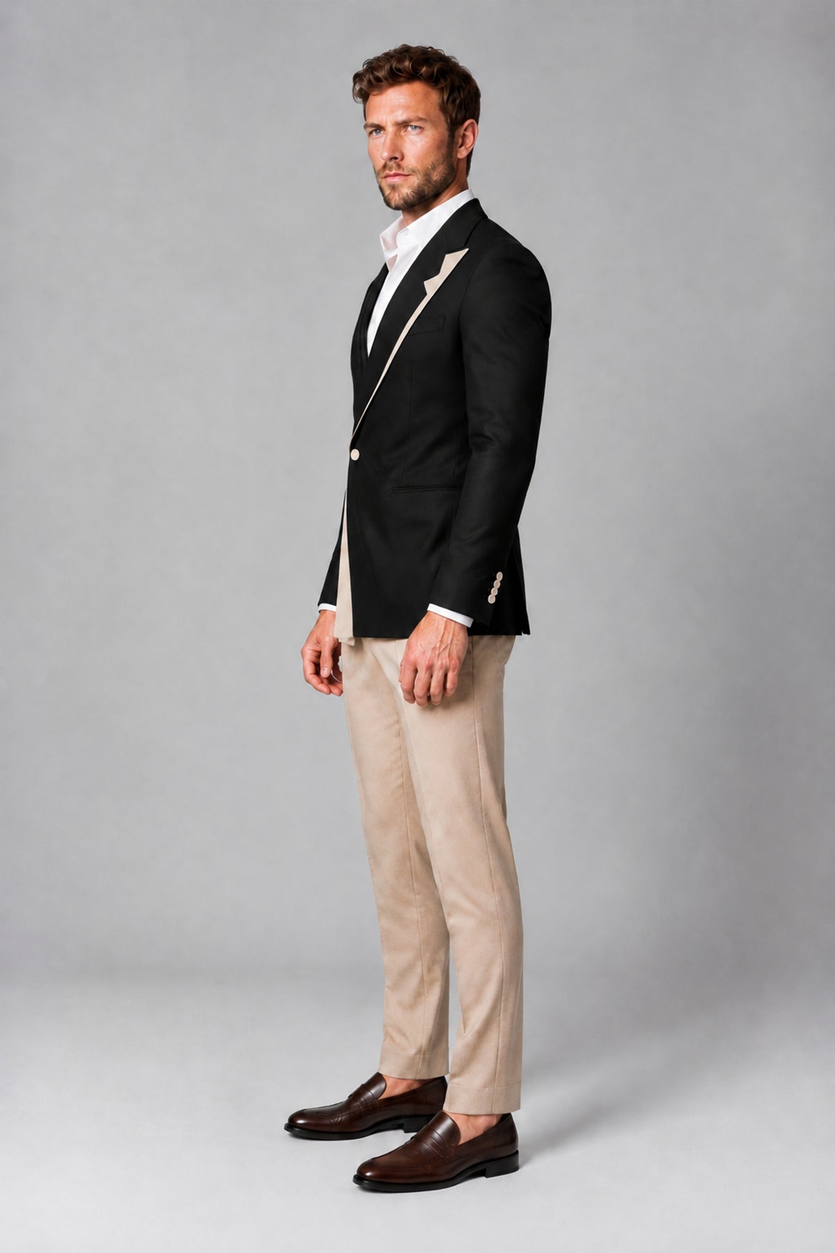 BOLODOO Men's Black Double-Breasted Blazer & Khaki Trousers Tuxedo 2-Piece Suit Set - Black - Black_4