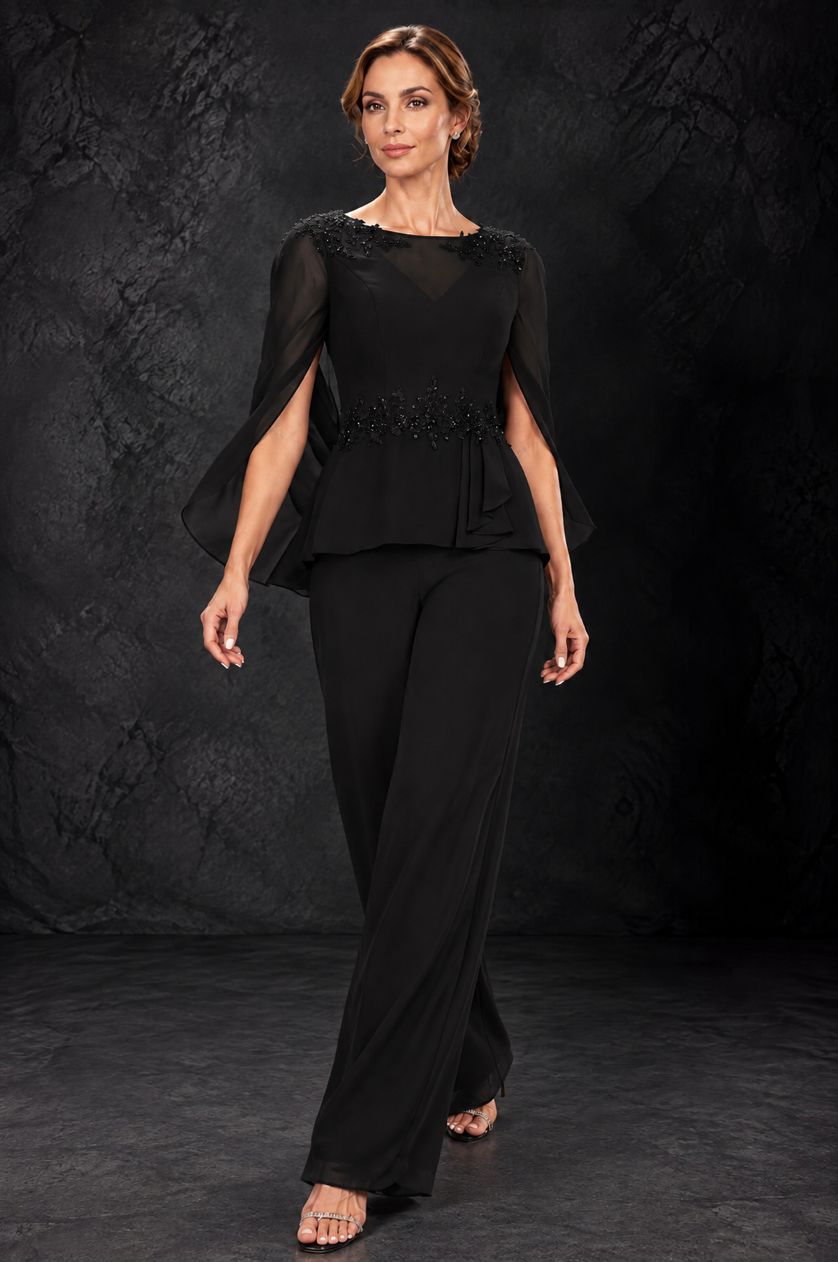 BOLODOO Black Embellished Cape Sleeve Mother of the Bride Pantsuit - Black - Black_4