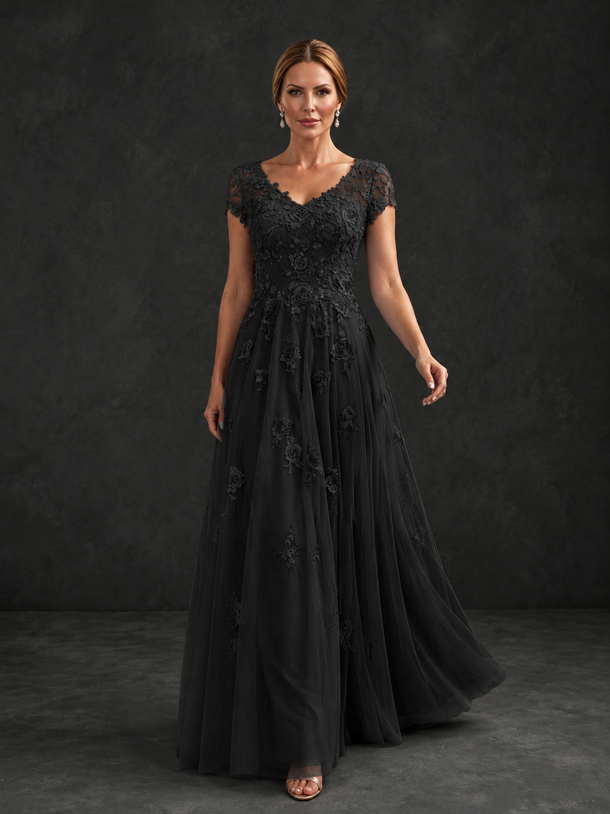 BOLODOO Black Cap Sleeve Lace Appliqué A-Line Formal Gown | Mother of the Bride Dress - Black - Black_4