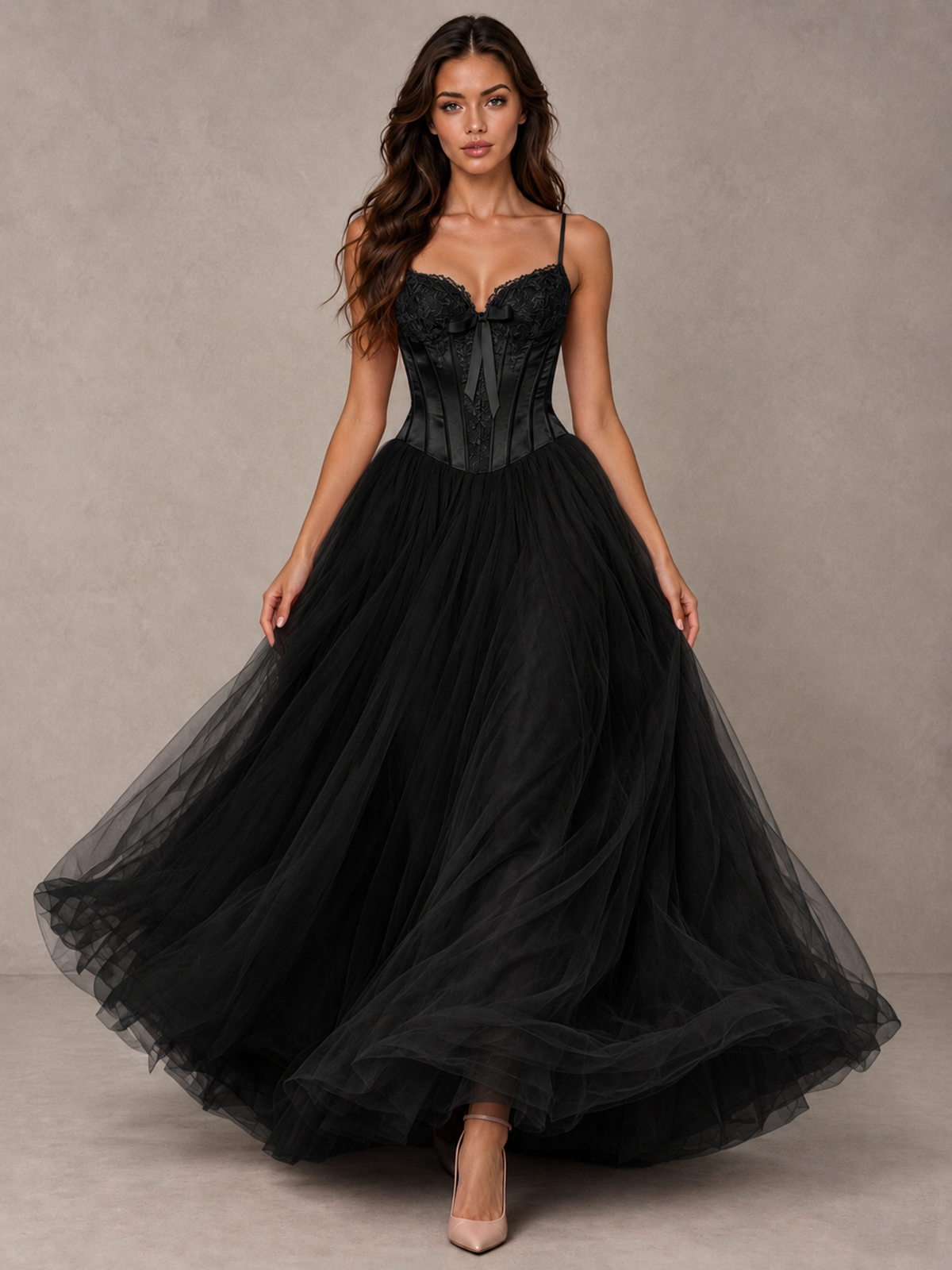 BOLODOO Black Corset Tulle Prom Dress with Spaghetti Straps - Black - Black_4