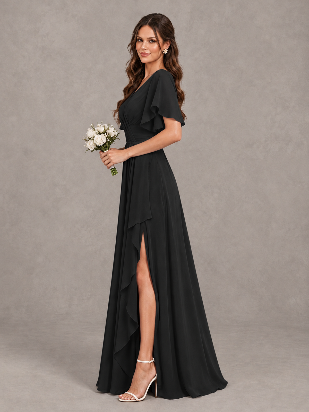 BOLODOO Black Flutter Sleeve V-Neck Bridesmaid Dress with Ruffle Slit - Black - Black_4
