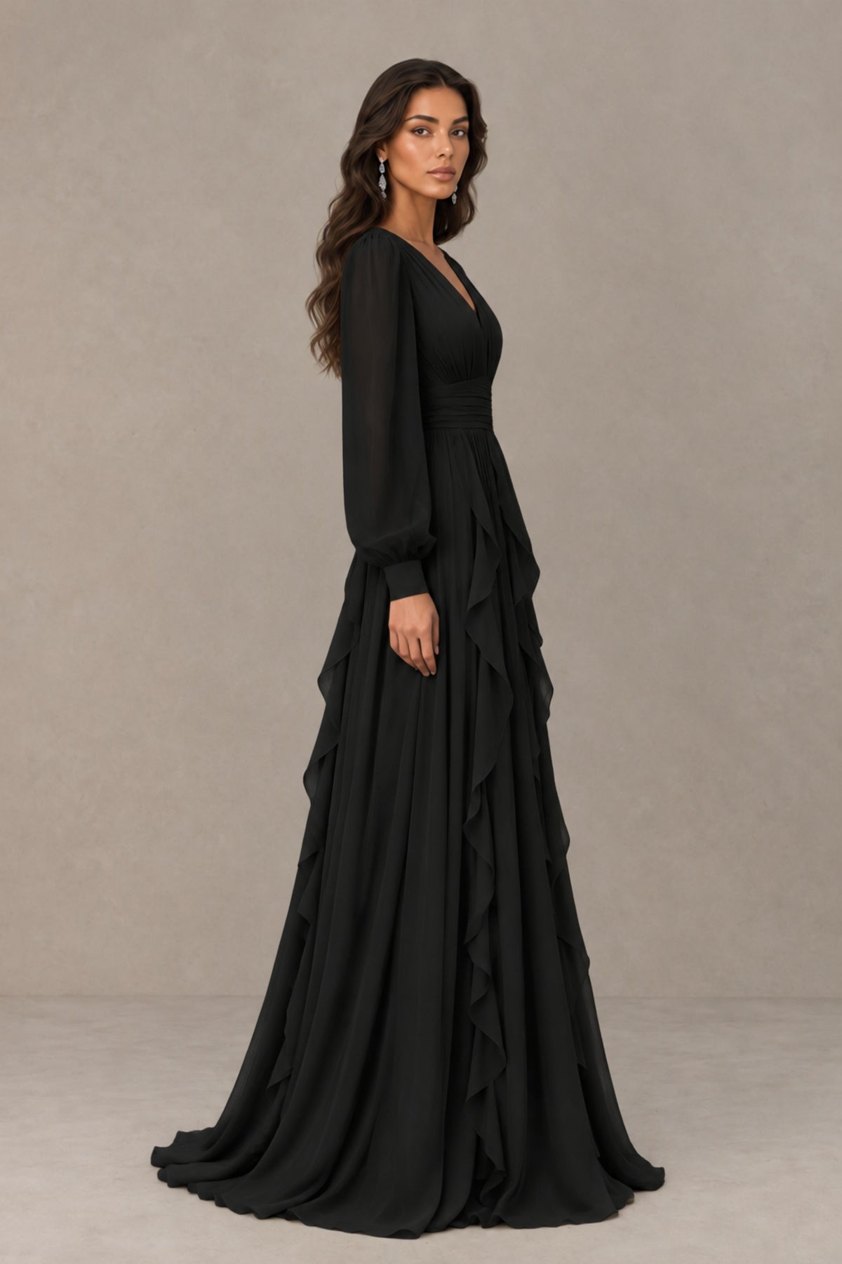 BOLODOO Black Long Sleeve V-Neck Ruffle Maxi Dress - Black