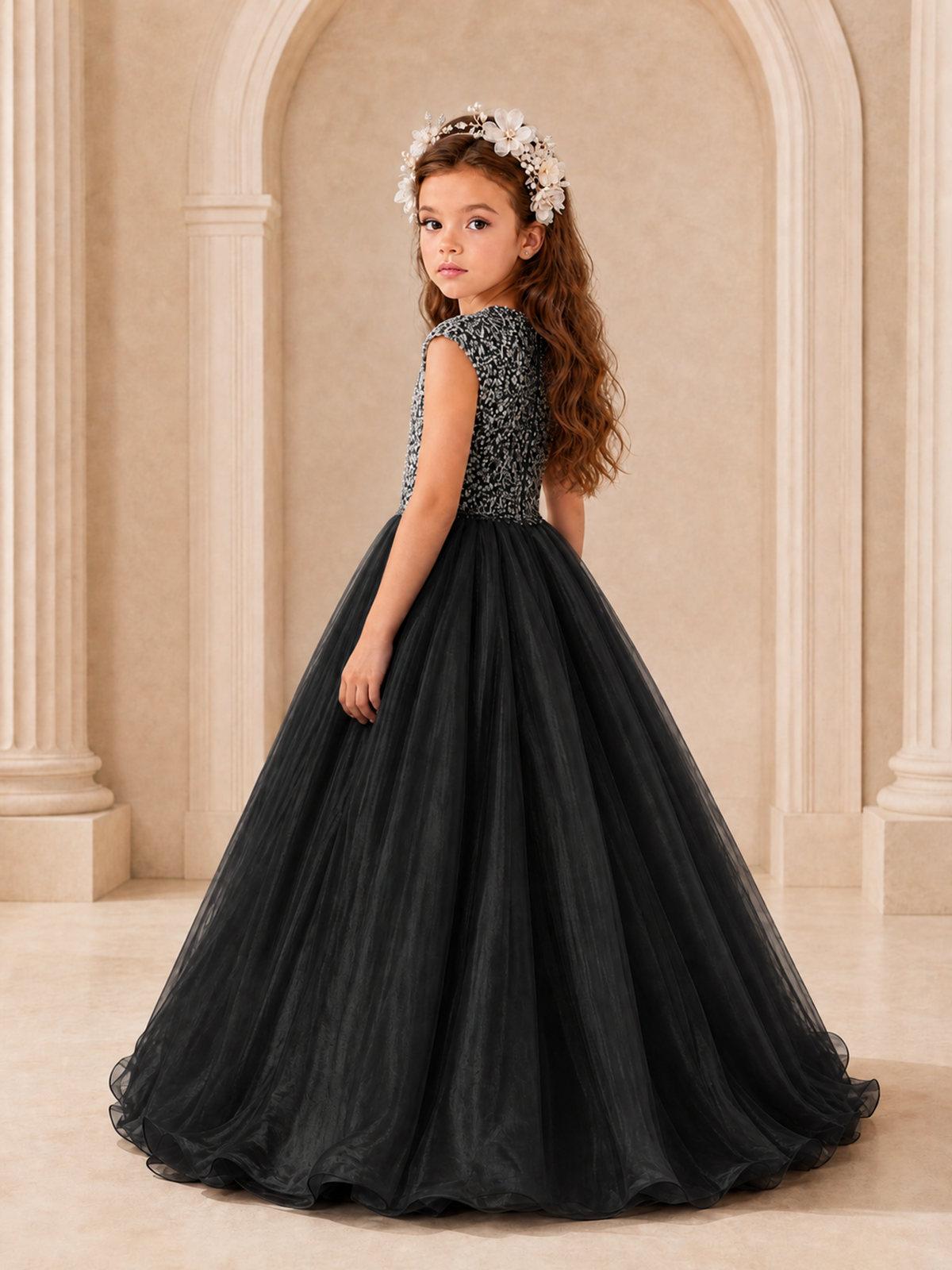 BOLODOO Black Sequin Tulle Flower Girl Dress with Cap Sleeves - Black - Black_4