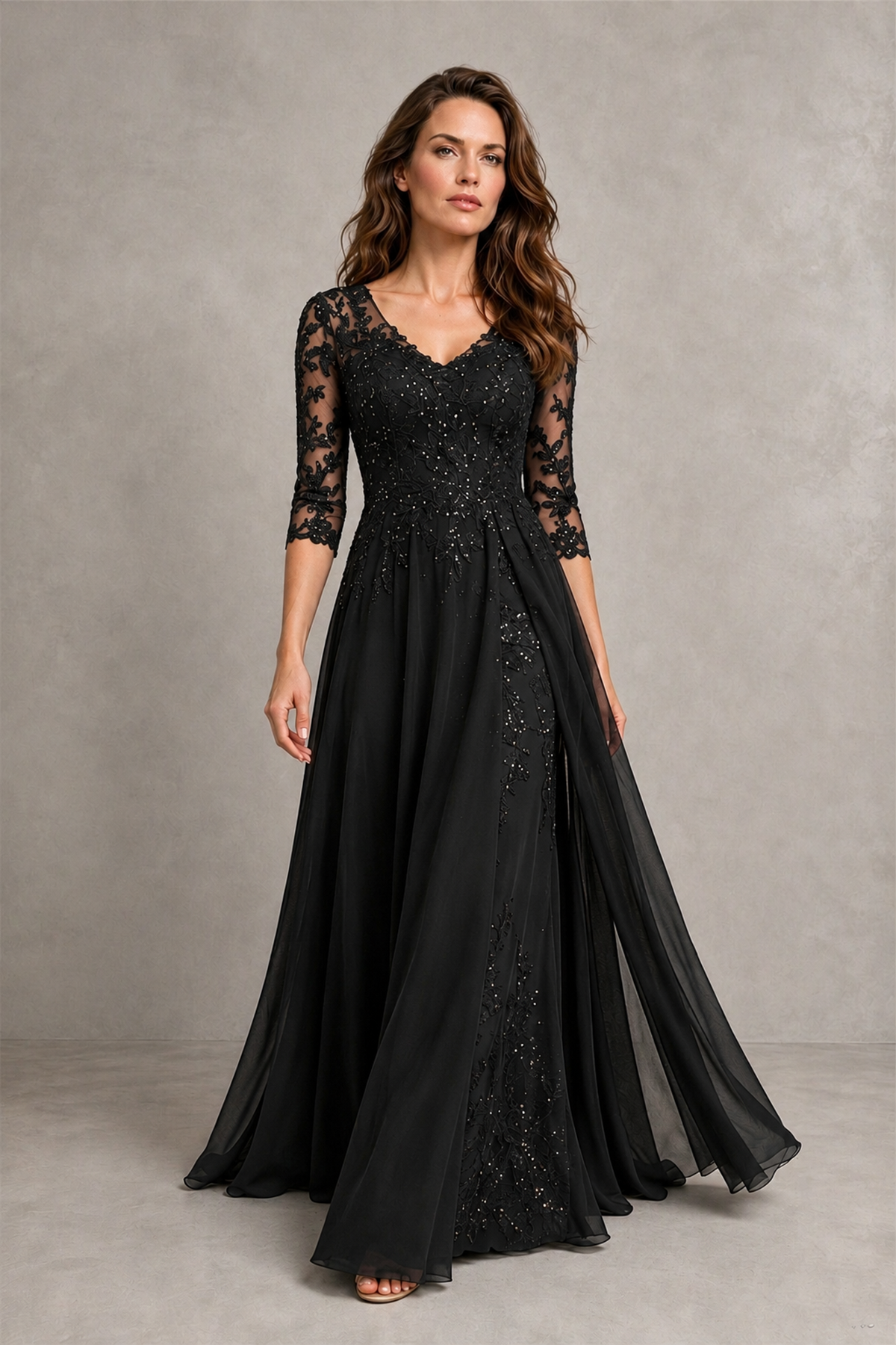 BOLODOO Midnight Black Beaded Lace Appliqué Chiffon A-Line Gown | Mother of the Bride & Formal Evening Dress - Black - Black_4