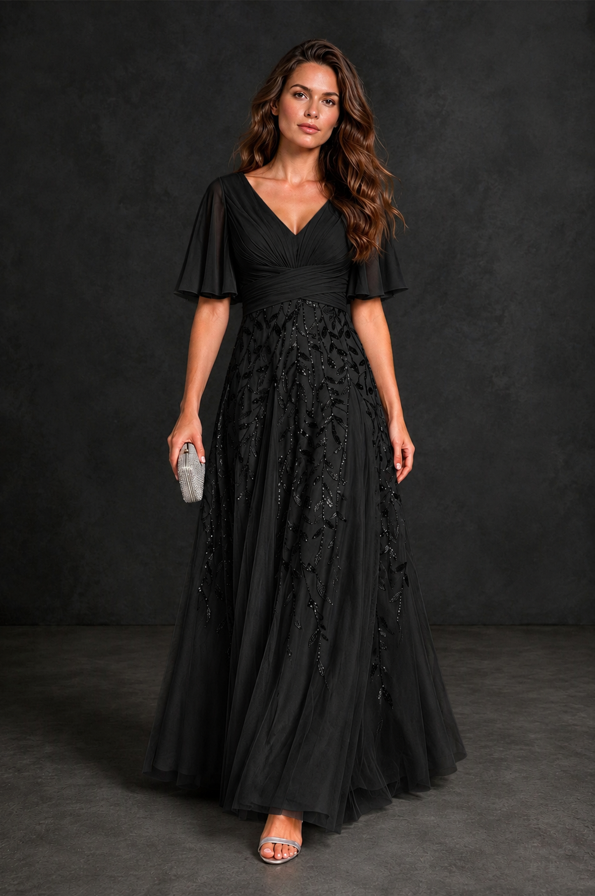 BOLODOO Black V-Neck Flutter Sleeve Beaded Botanical Tulle A-Line Gown | Mother of the Bride Evening Dress - Black - Black_4