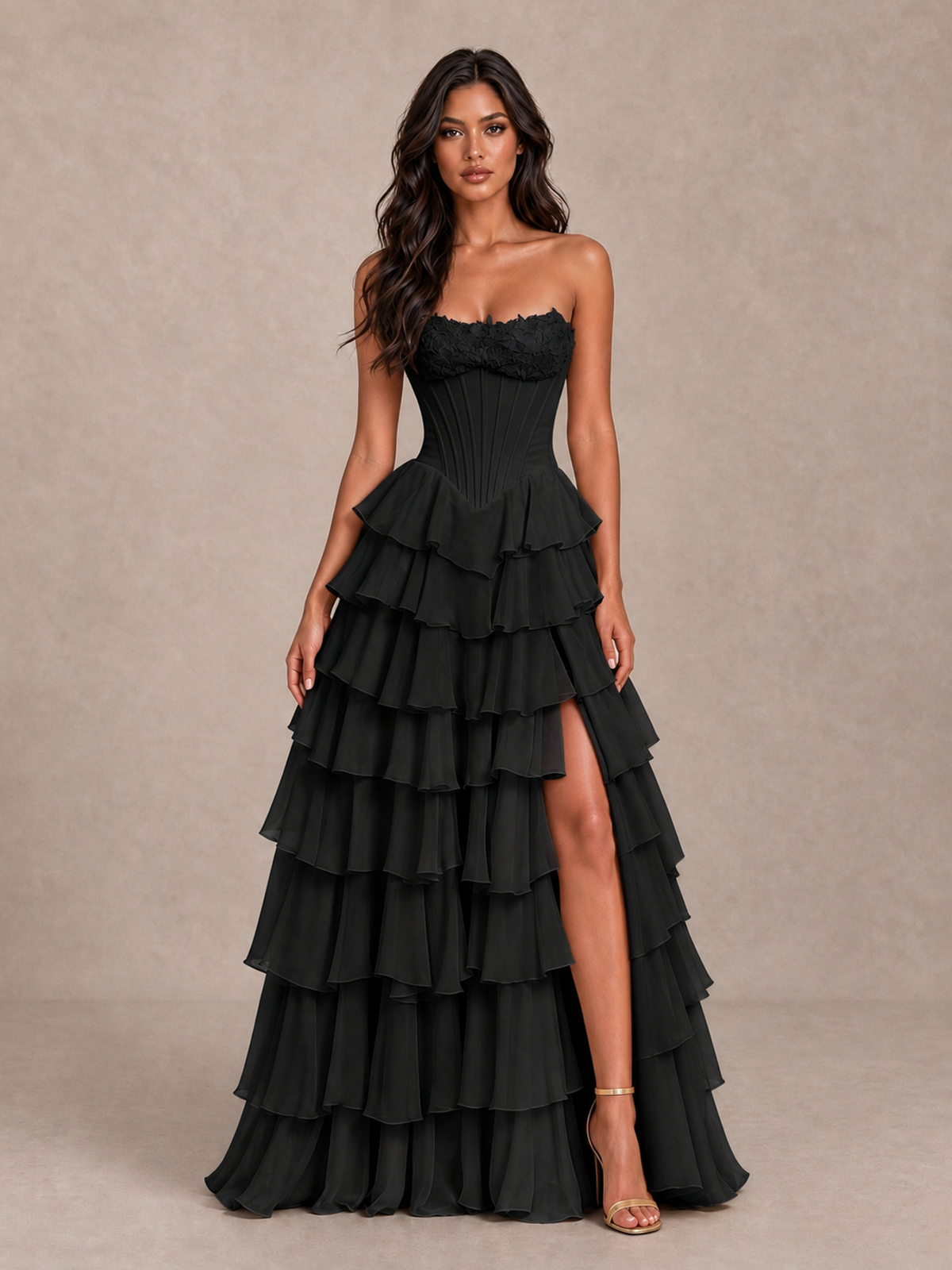 BOLODOO Black Strapless Corset Tiered Ruffle Prom Dress with High Slit - Black - Black_4