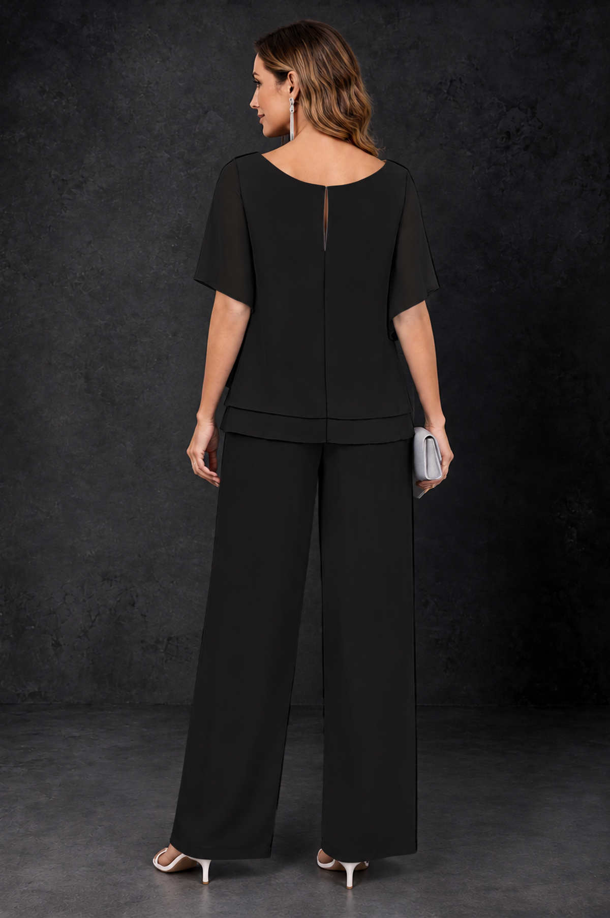 BOLODOO Black Layered Chiffon-Look Mother of the Bride Pantsuit - Black - Black_4