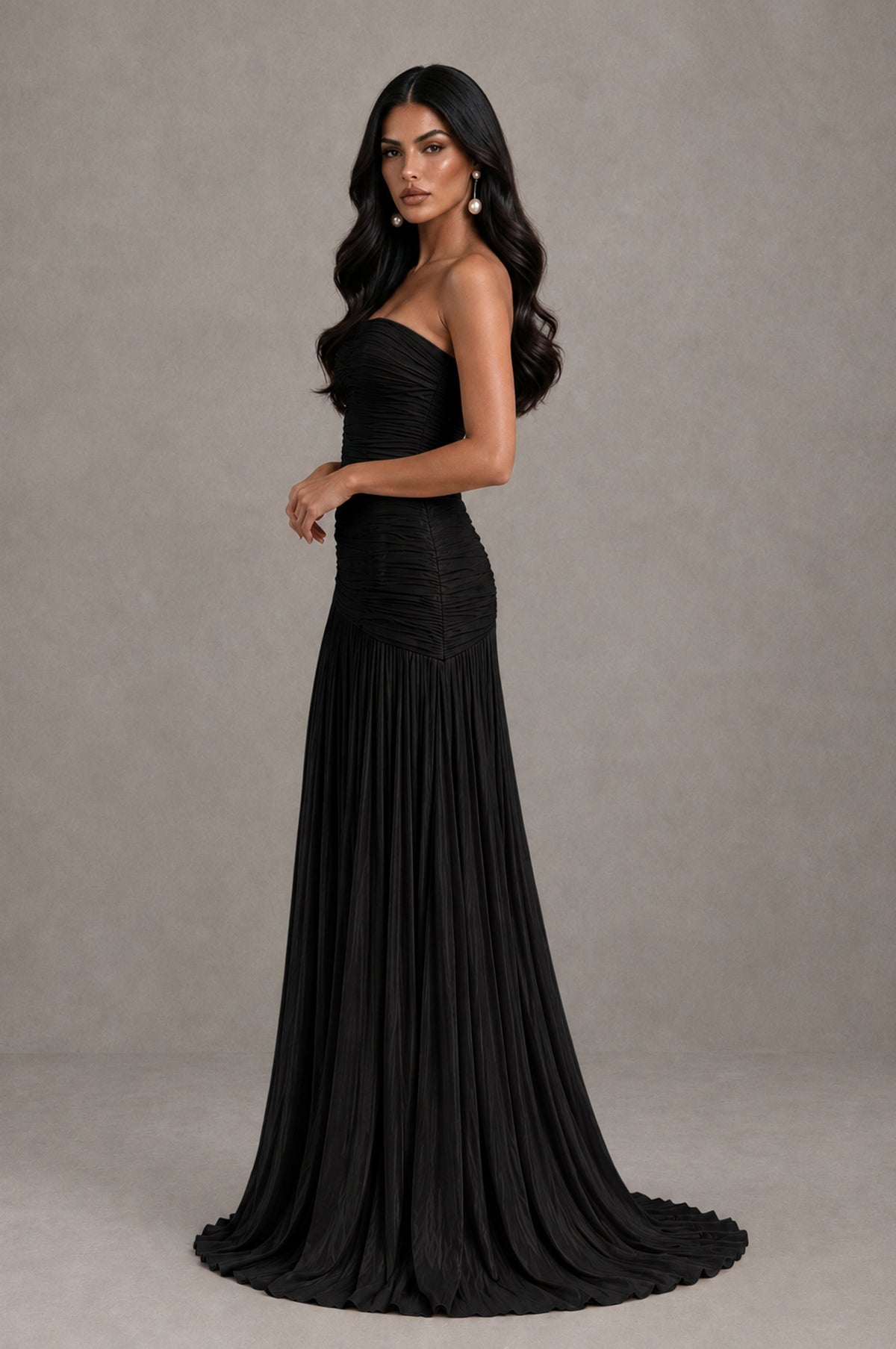 BOLODOO Black Metallic Ruched Strapless Pleated A-Line Backless Maxi Dress with Train - Black - Black_4