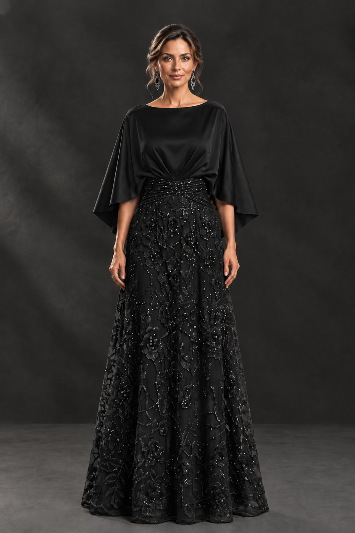 BOLODOO Black Cape Sleeve Floral Mother of the Bride Dress - Black - Black_4