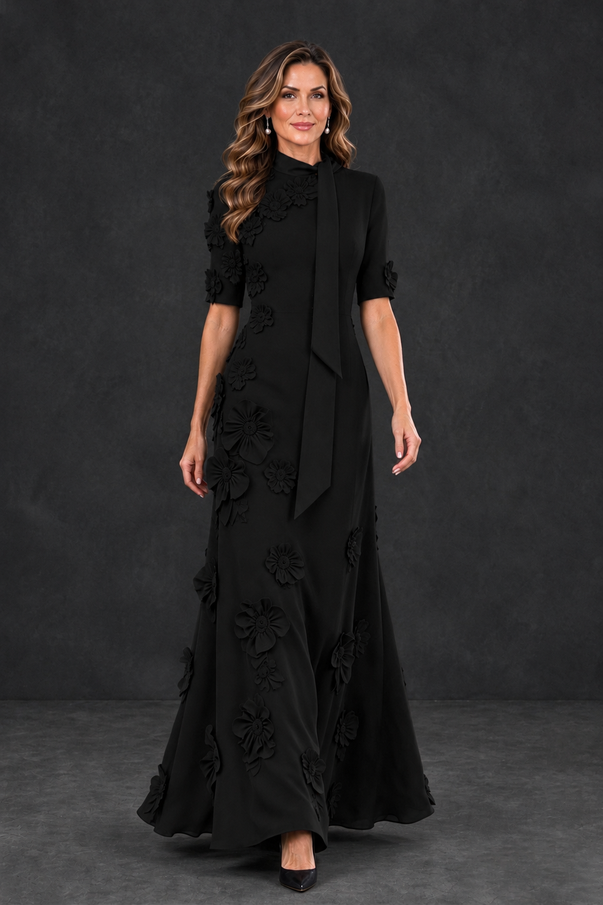 BOLODOO Black Floral Applique High-Neck Half-Sleeve Gown - Black - Black_4