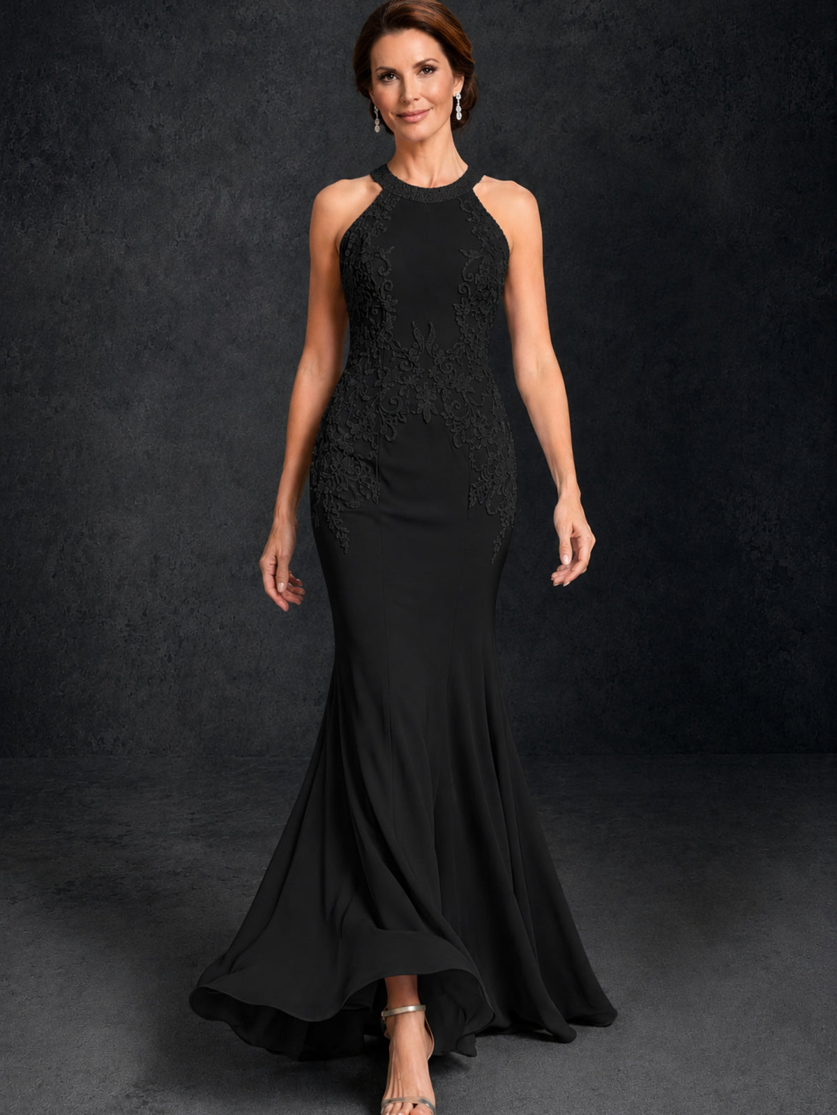 BOLODOO Black Lace Applique Halter Neck Sheer Back Mermaid Maxi Dress with Sweep Train - Black