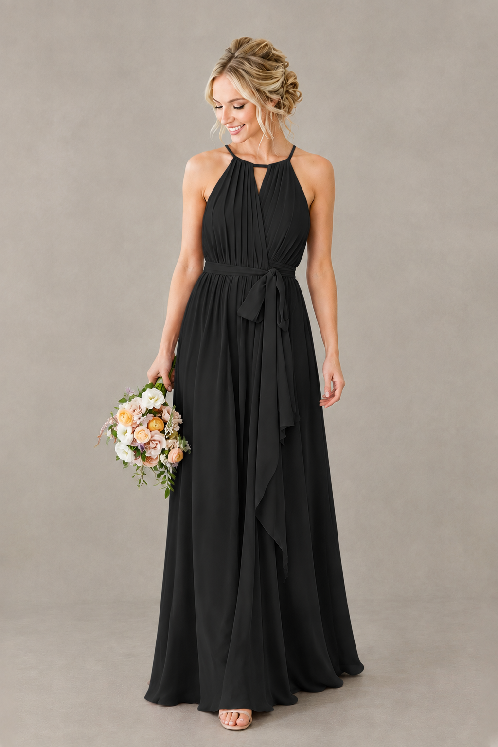 BOLODOO Black Halter Chiffon Bridesmaid Dress with High Slit - Black