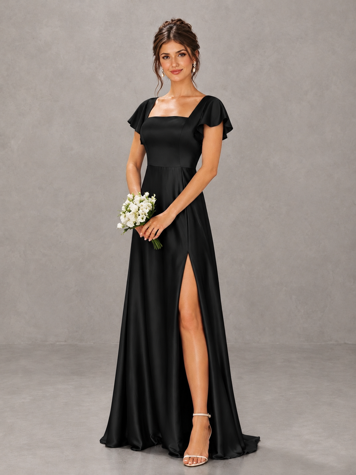 BOLODOO Black Satin Square Neck Flutter Sleeve A-Line Bridesmaid Dress with Slit - Black - Black_4