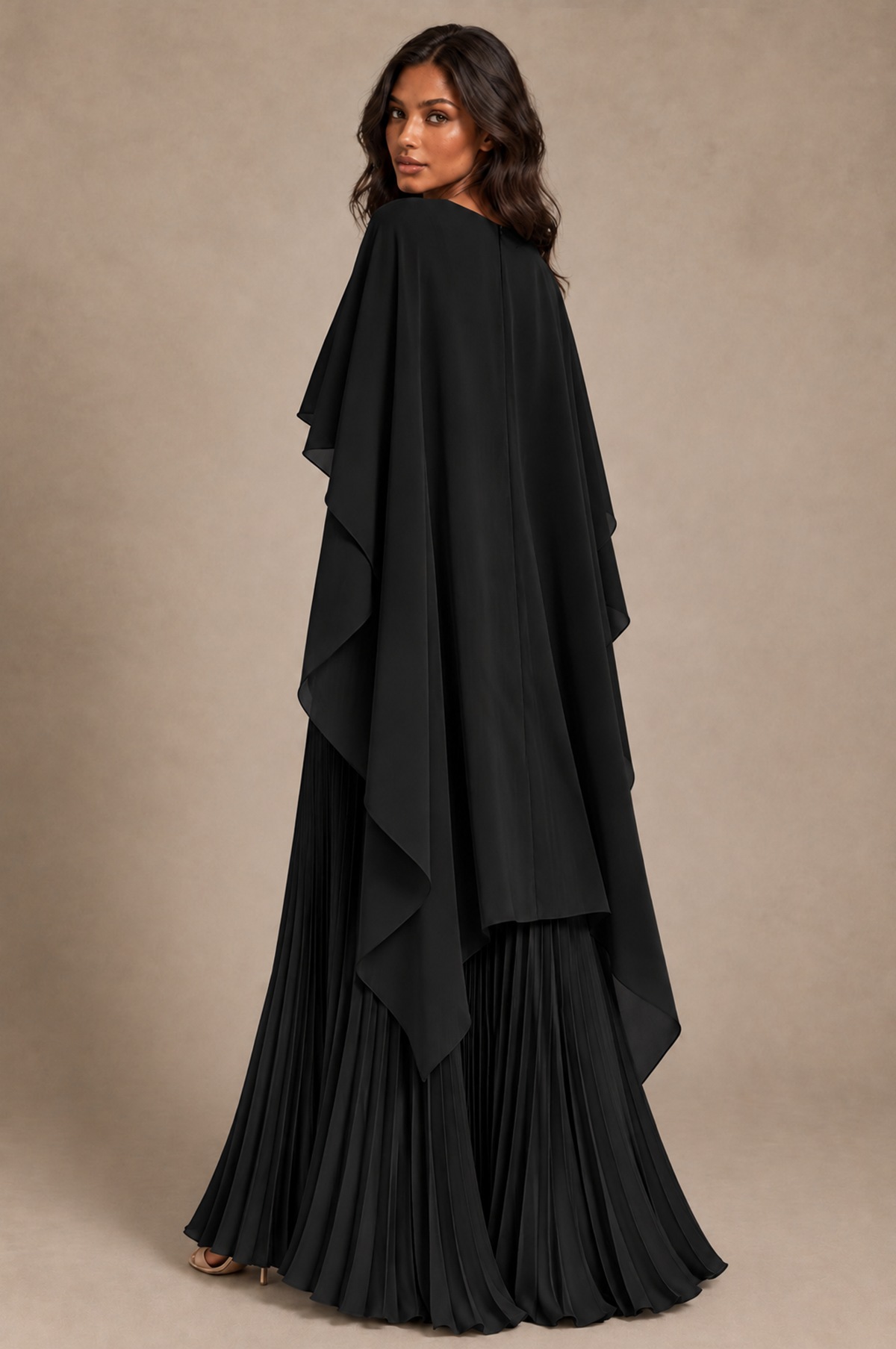 BOLODOO Black Pleated Cape A-Line Evening Dress - Black - Black_4