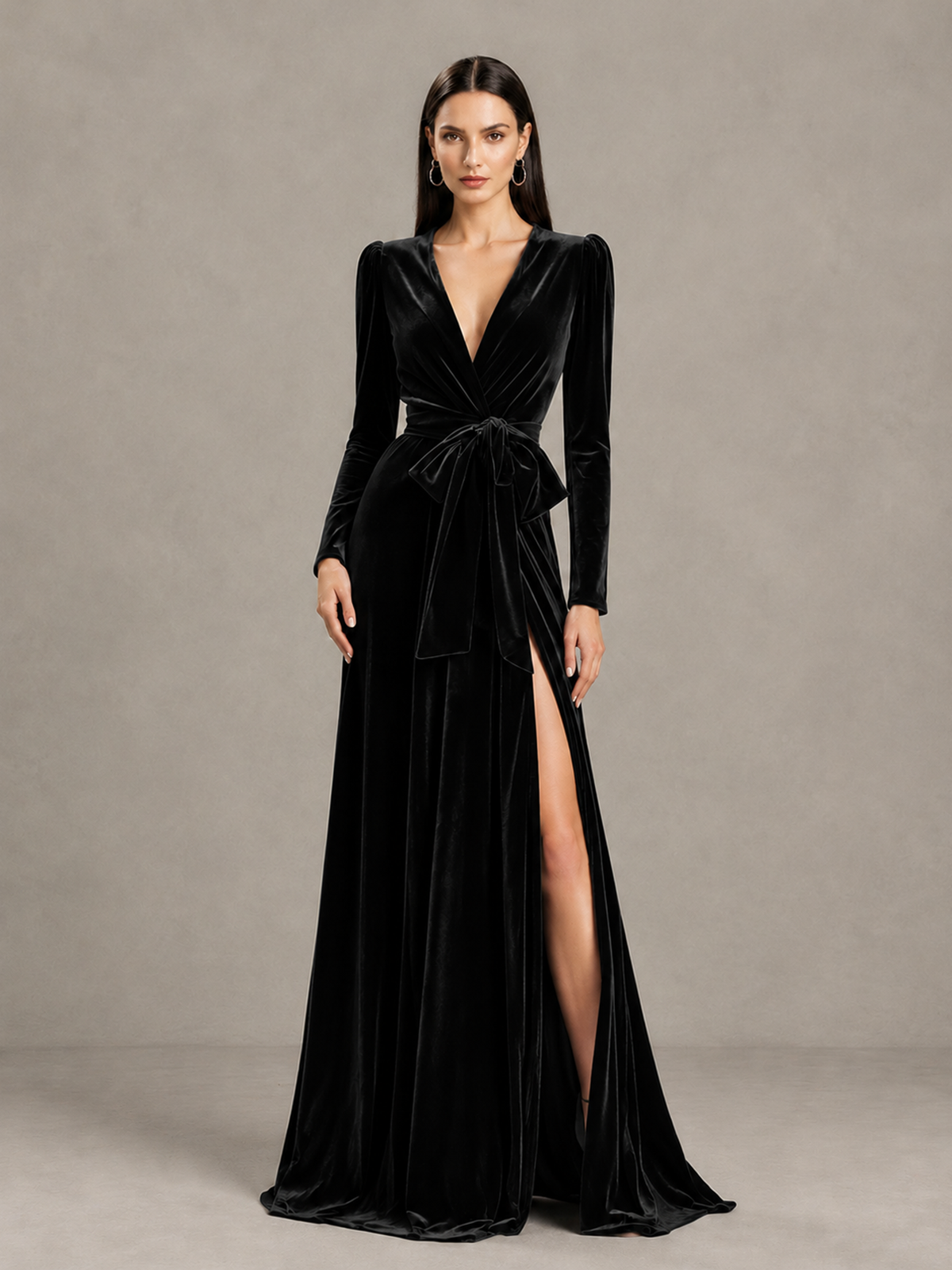 BOLODOO Black Long Sleeve Velvet-Look Evening Dress with High Slit - Black - Black_4