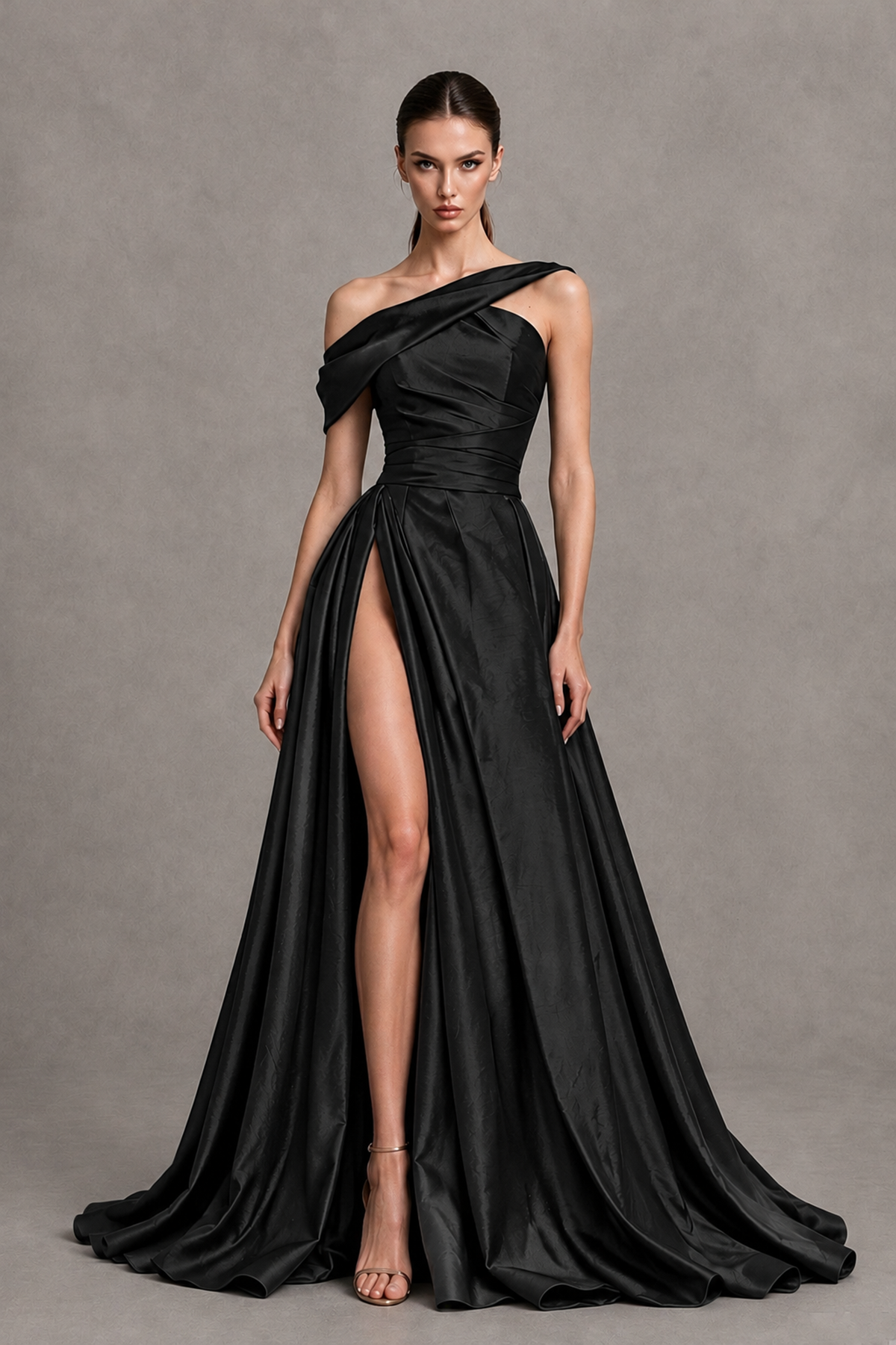 BOLODOO Black Asymmetric Satin-Look A-Line Prom Dress with High Slit - Black - Black_4