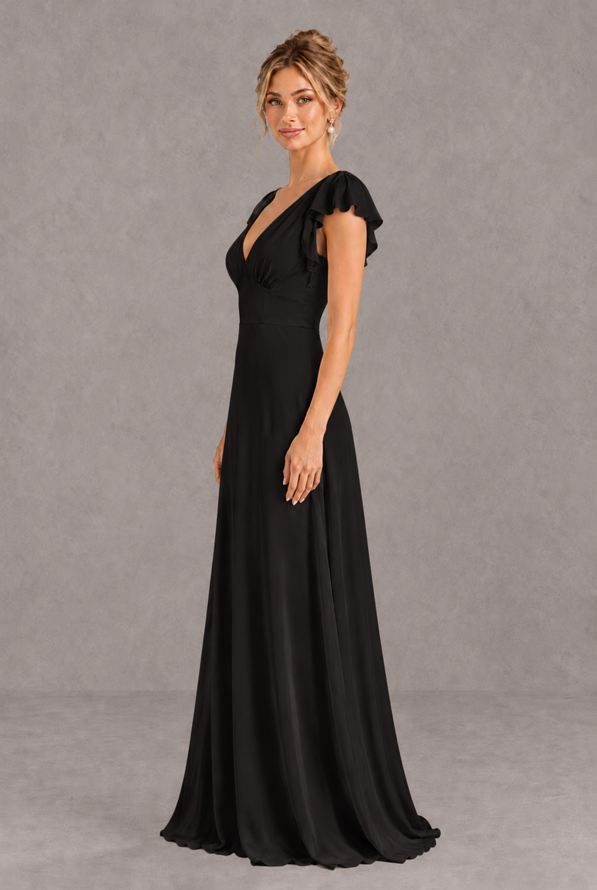BOLODOO Black V-Neck Flutter Sleeve A-Line Bridesmaid Dress - Black - Black_4